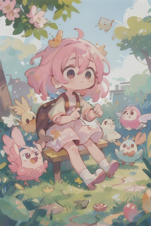 masterpiece, best quality, cute, kawaii, ((colorful)), 1girl, pink blite hair, in the park, small kid,blown eyes, eyes are shining,some birds,birds are twitting,sunshine,runnning