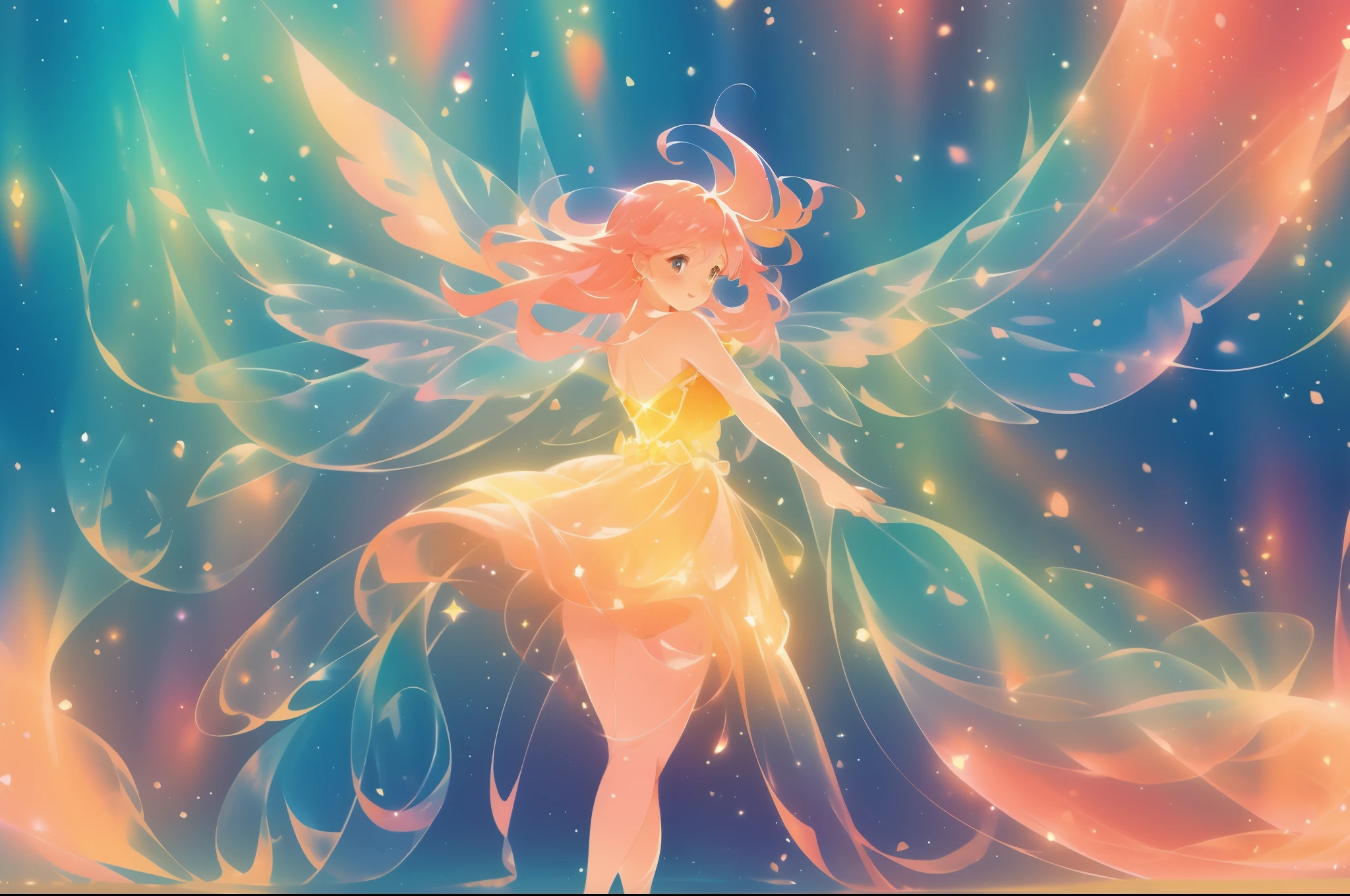 beautiful fairy girl in flowing yellow peach dress, long flowing pink peach red hair, large sparkling fairy wings on her back, colorful fantasia background, watercolor illustration, disney art style, glowing aura around her, glowing lights, beautiful digital illustration, beautiful, masterpiece, best quality, anime disney style
