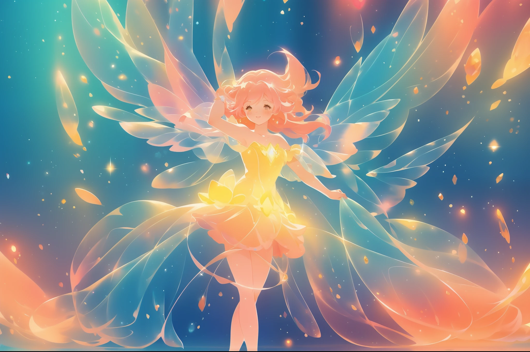 beautiful fairy girl in flowing yellow peach dress, long flowing pink peach red hair, large sparkling fairy wings on her back, colorful fantasia background, watercolor illustration, disney art style, glowing aura around her, glowing lights, beautiful digital illustration, beautiful, masterpiece, best quality, anime disney style