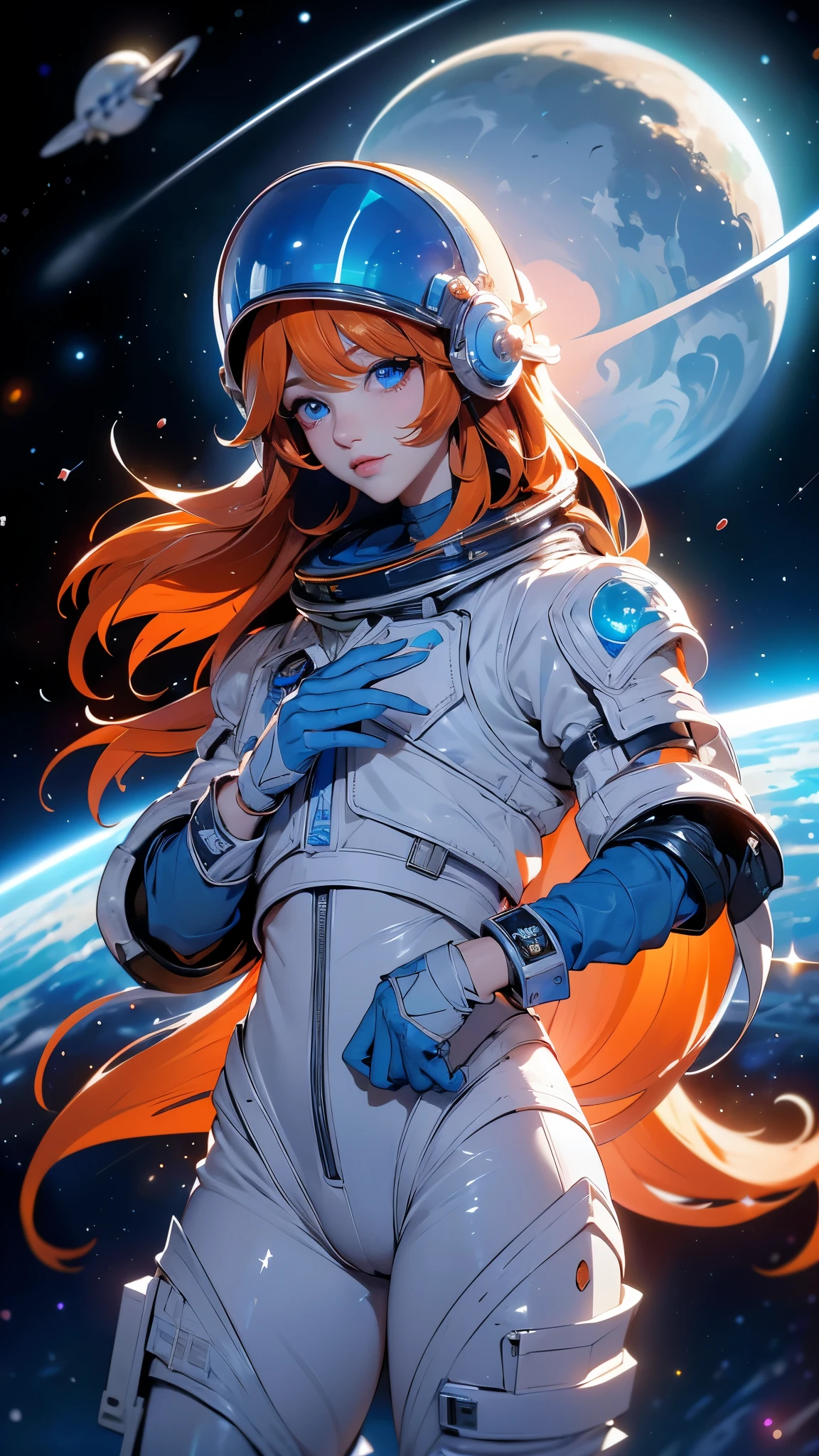 (La mejor calidad,A high resolution,Ultra - detallado,actual),Ariana Grande,(casco integral naranja :1.4) ,(face visible through helmet:1.4 ) ,Traje de cuerpo blanco,armadura pesada naranja,tiro de vaquero,(on the space station:1.4 ) ,Science fiction,ultra detallado,sharp focus,aesthetic,(Mejor calidad), (ojos hermosos azules :1.4), (dedos detailed), (perfect anatomy)