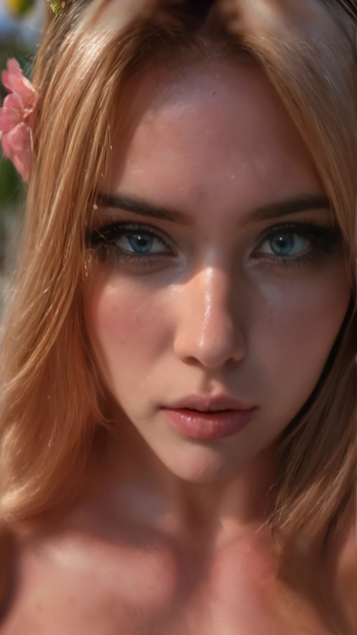 (((Ultra-realistic))), (artistic realization), (ultra-detailed face and eyes: 1.4), 1 girl, (blonde) , (naked) , (very long hair) , Wavy hair, Detailed eyes, (large detailed lipakeup, (Natural breasts). (((She lieany sakura flowers around, view from above, close-up, close to the camera)) , pink atmosphere frame, (ultra detailed)