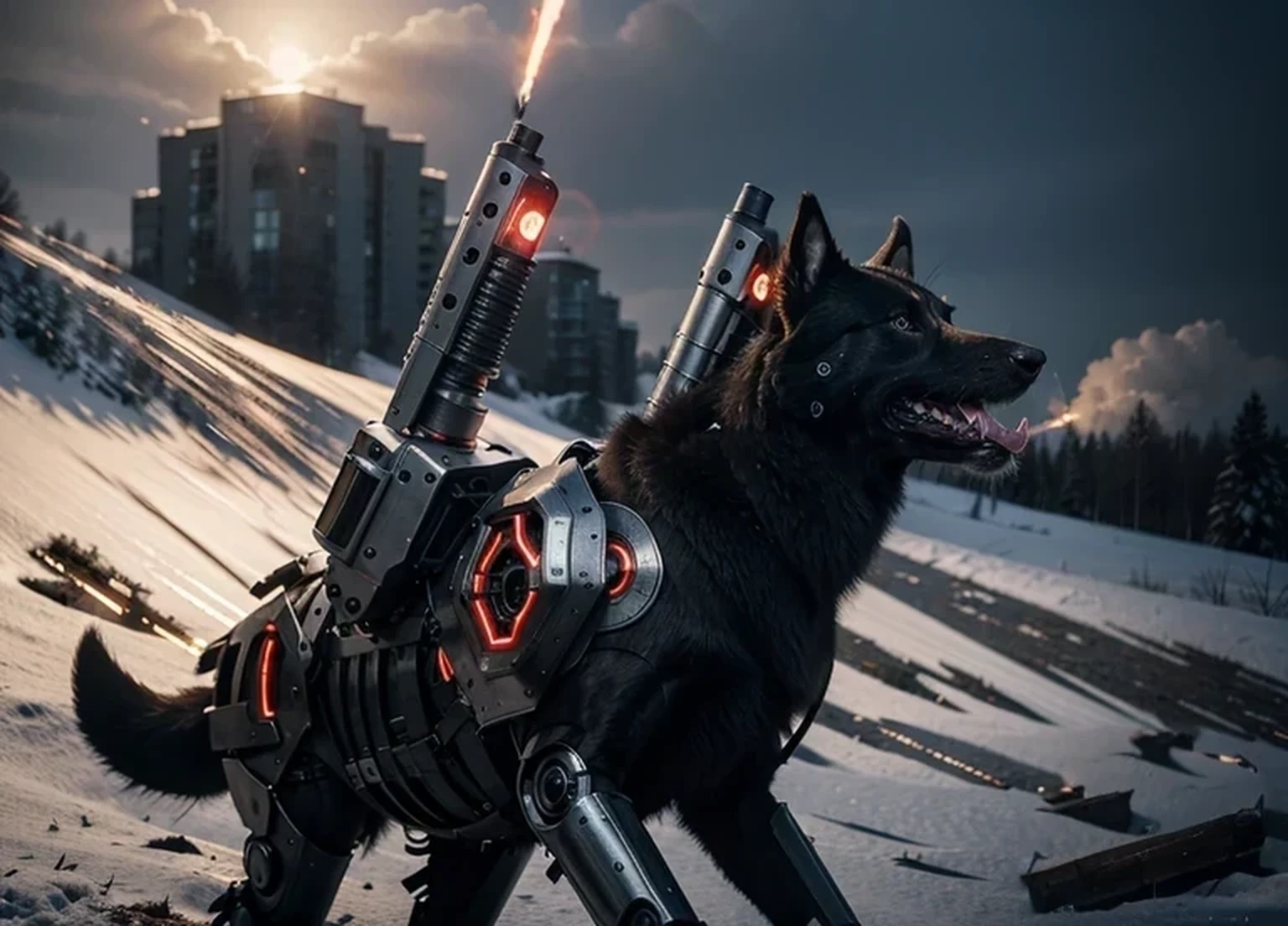 Siberian dog cyborg, mechanical parts, cybernetic inserts, rhogotic inserts in its legs, red cybernetic eyes, metallic robotic lower jaw with sharp metal teeth, metal armor plates, on its back it has laser cannons, outside a Russian forest, a lot of fire, explosions, smoke, snowy forest, realistic, 4k, Ultra detailed image, realistic, Highly detailed, perfect composition, gorgeous, Intricately detailed, incredibly detailed, Art photography 8K, hyper detailed, Masterpiece, Ultra detailed, hyper realistic, 4k, Ultra detailed image, realistic, Highly detailed, perfect composition, beautiful, intricately detailed, incredibly detailed, art photography 8k, hyper detailed, masterpiece