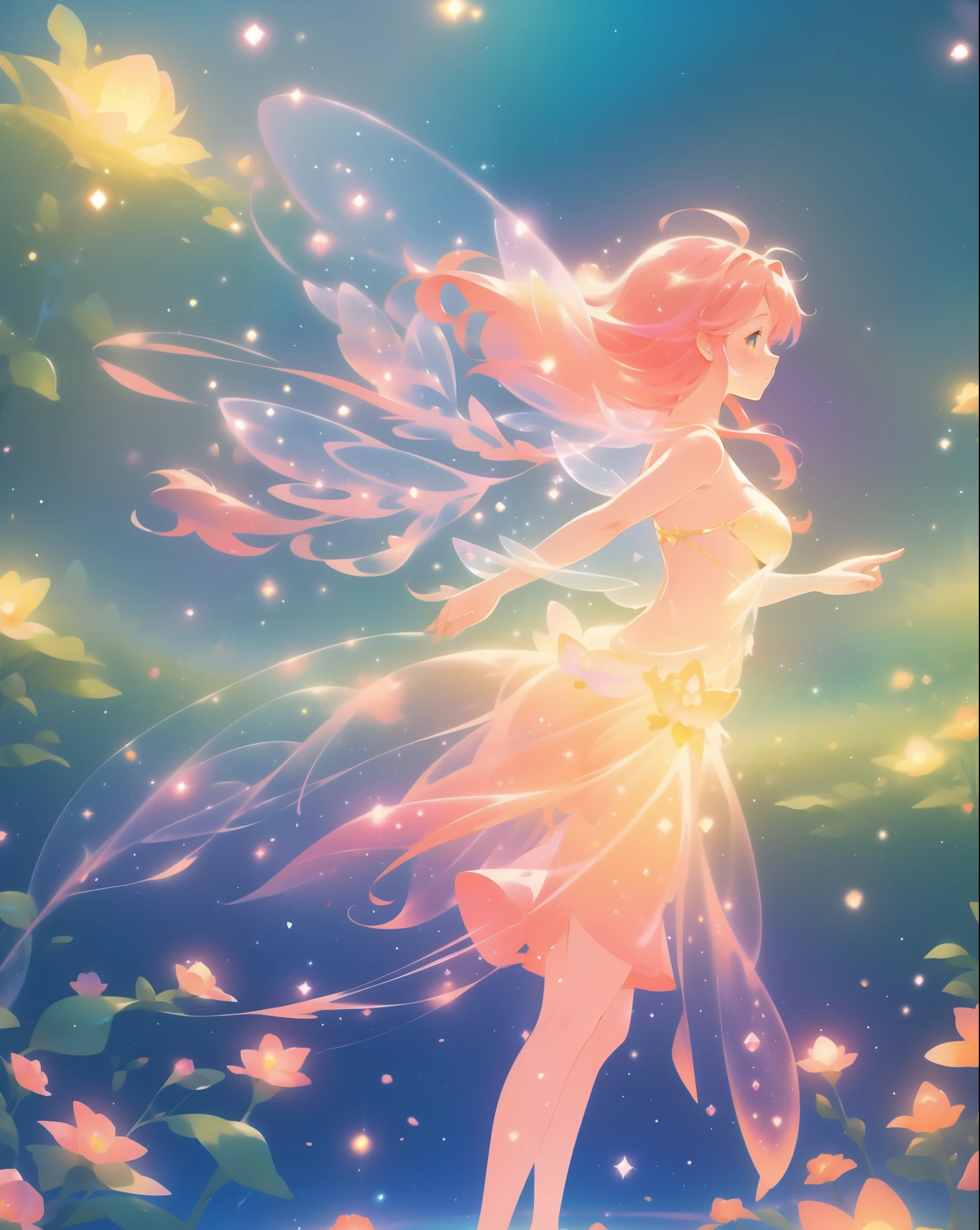 beautiful fairy girl in a sparkling layered dress, long flowing pink peach red hair, (large sparkling colorful fairy wings on her back), colorful fantasia background, watercolor illustration, disney art style, glowing aura around her, glowing lights, beautiful digital illustration, fantasia otherworldly landscape plants flowers, beautiful, masterpiece, best quality, anime disney style