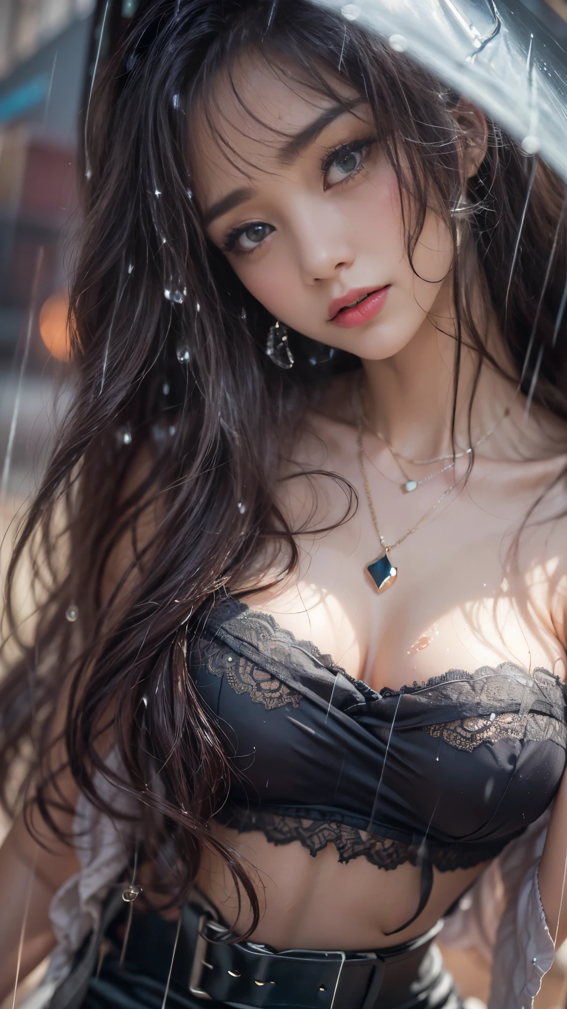 (RAW shooting, Photoreal:1.5, 8K, highest quality, masterpiece, ultra high resolution), perfect dynamic composition:1.2, Night street corner of a modern city, expression of sadness:0.5, (((Typhoon heavy rain))), Highly detailed skin and facial textures:1.2, Slim office lady wet in the rain:1.3, Fair skin:1.2, sexy beauty:1.1, perfect style:1.2, beautiful and aesthetic:1.1, very beautiful face, water droplets on the skin, (rain drips all over my body:1.2, wet body:1.2, wet hair:1.3, wet skirt:1.2, wet blouse:1.3), belt, (Medium chest, Bra is transparent, Chest gap), (cry, lovelorn, The expression on your face when you feel intense caress, Facial expression when feeling pleasure), (beautiful blue eyes, Eyes that feel beautiful eros:0.8), (Too erotic:0.9, Bewitching:0.9), cowboy shot, Shoulder bag, necklace, earrings, bracelet, clock