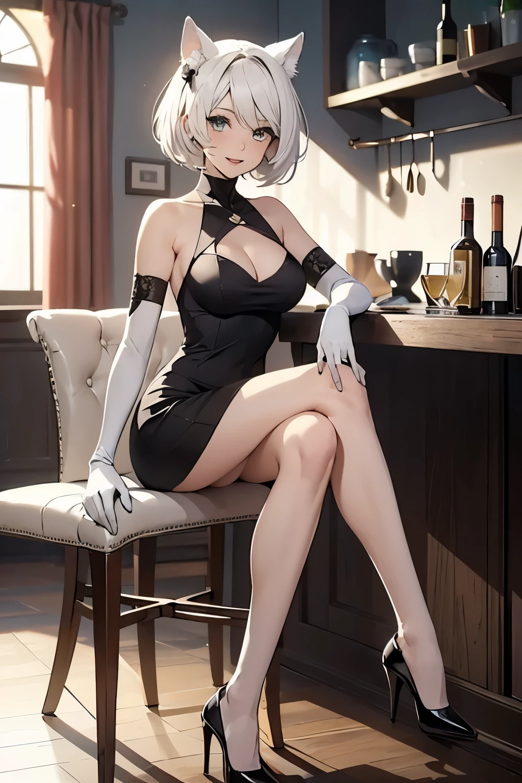 table top High level image quality best image quality 8K adult woman portrait white long gloves(elbow gloves) bare legs black dress(Tube top) white wolf ears short hair((shortcut)(pure white hair)(perm)(fluffy)) eye color is blue attractive face((laughter)(smile)(open your mouth)) beautiful feet bar counter sit on a chair black heels