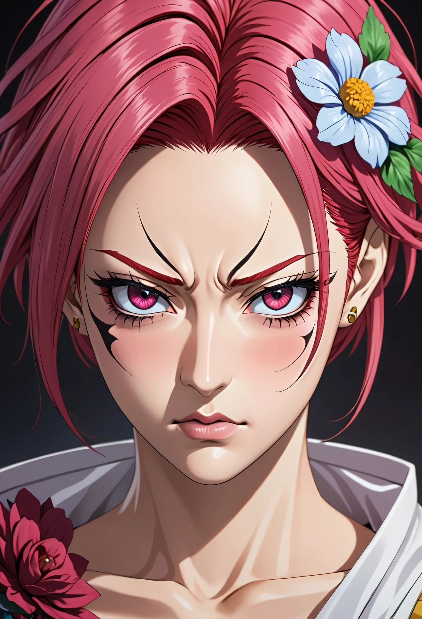 Drawing of woman with a flower on her face, anime style, jojoanime style, detailed Anime face, Anime face, Hisoka, highly detailed angry Anime face, anime inspiration, Face anime portrait, angry look, Serious expression, pretty Anime face, Yayoi Haruki, anime style人物, anime style肖像, portrait of Hisoka hunter hunter