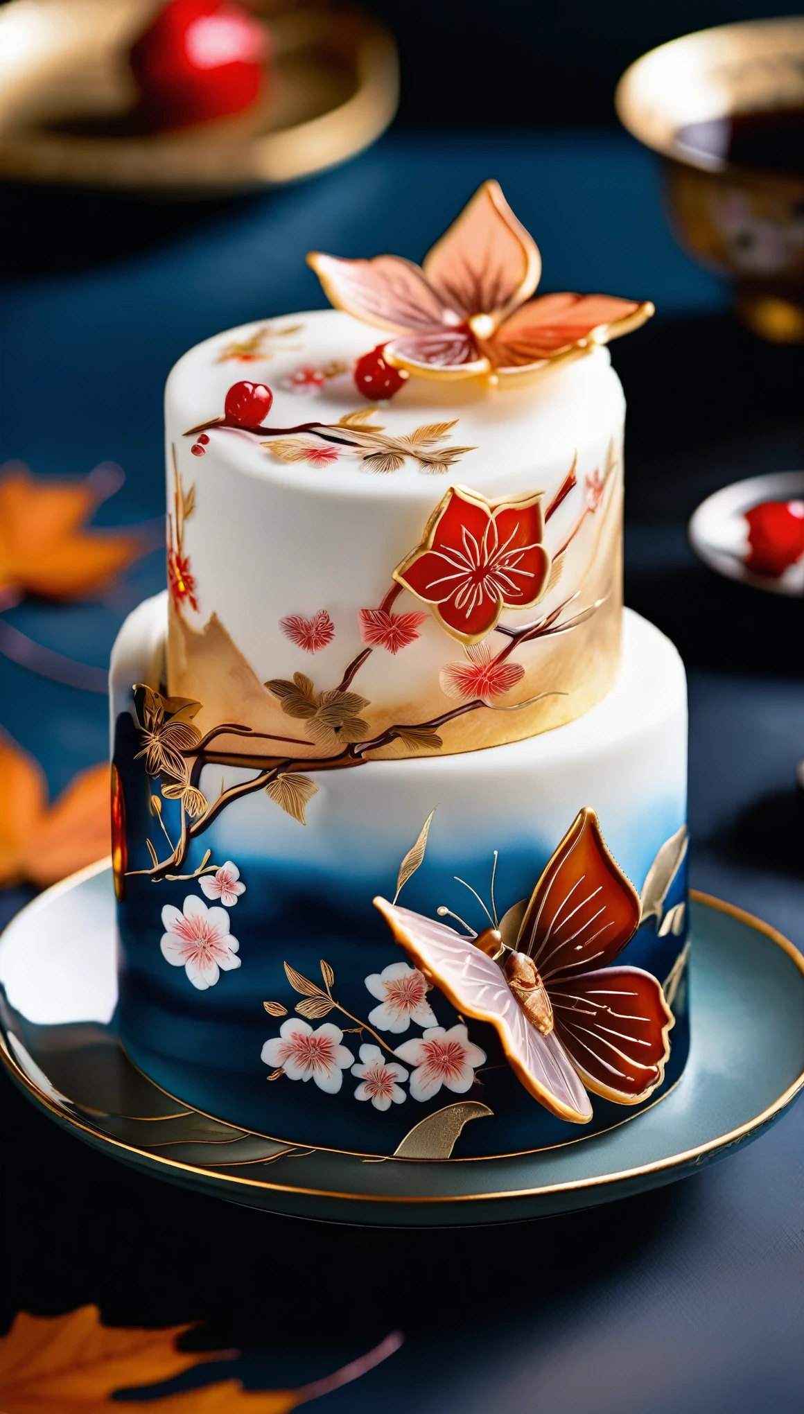 (Crystal cake on crystal clear blue bone china plate), (Cup cake:1.37),(The cake is cut into parts:1.0) Translucent brioche,It comes in soft brown and light tones, Reminiscent of Chinese landscape painting.dark background, Served beautifully on a beautiful rococo plate, The cake roll is decorated with beautiful autumn leaves and butterflies,beautiful cherry blossoms、Hibiscus、maple alcohol),looks lifelike. The traditional Chinese style of painting shows the precise details, and HD, Ultra-realistic visual effects with almost 8K quality. Fluffy and light cake texture with unique and intricate patterns, design, Soft watercolor effects evoke the beauty of nature.