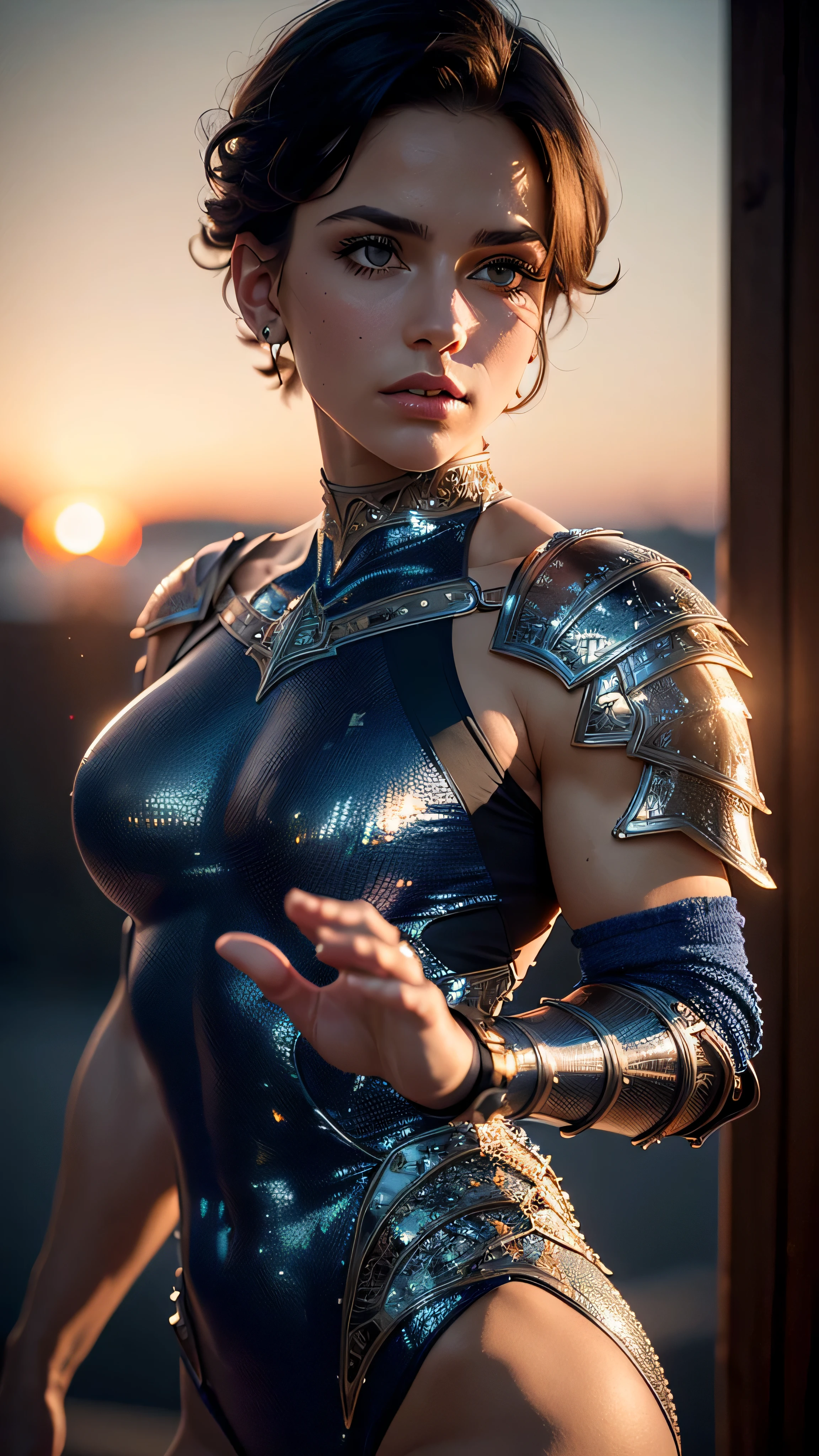 (masterpiece), (extremely intricate:1.3), (realistic), portrait of a muscular bodybuilder girl, ((medieval armor)), metal reflections, upper body, outdoors, intense sunlight, far away castle, professional photograph of a stunning woman detailed, (short undercut dark shaved hair, dynamic pose), sharp focus, dramatic, award winning, cinematic lighting, volumetrics dtx, (film grain, blurry background, blurry foreground, bokeh, depth of field, sunset, interaction, navyblue Perfectchainmail), 8K