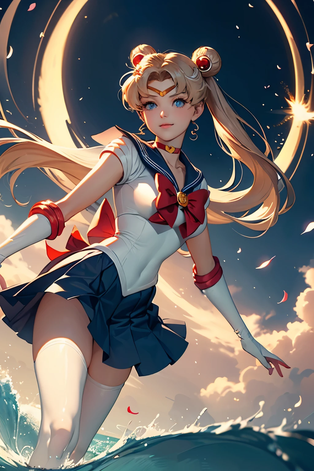 (((SEDUCTIVE SMILE,angle perspective from below, seeing from the perspective pantyhose, cameltoe vagina detailed,)))sailor moon, usagi, solo, flower,  water, petals, outdoors, from side, cherry blossoms,   long sleeves, full body,(masterpiece), best quality, expressive eyes, perfect face,((((sailor moon)))), usagi, blonde hair, solo, blue eyes, long hair, skirt, blue sailor collar, sailor collar,  double bun, hair bun, gloves, pleated skirt, cherry blossoms, waves, twintails, blue skirt, petals, short sleeves, sailor senshi uniform, serafuku, outdoors, looking at viewer, white shirt, magical girl, water, sitting, parted bangs, shirt, miniskirt, cloud, hair ornament masterpiece, best quality, Ultra-precise depiction, Ultra-detailed depiction, official art,highres, BREAK, (extremely beautiful face),(high detailed face),beautiful detailed eyes, detailed lashes,(shiny skin), makeup,(blushing face erotic), BREAK, full body, ((toned slim body)),beautiful ass, toned buttocks, beautiful legs, BREAK, (((nice hands, perfect hands))), ((very beautiful breast)), BREAK, looking at the viewer, (((background that matches the character's situation and colors)))