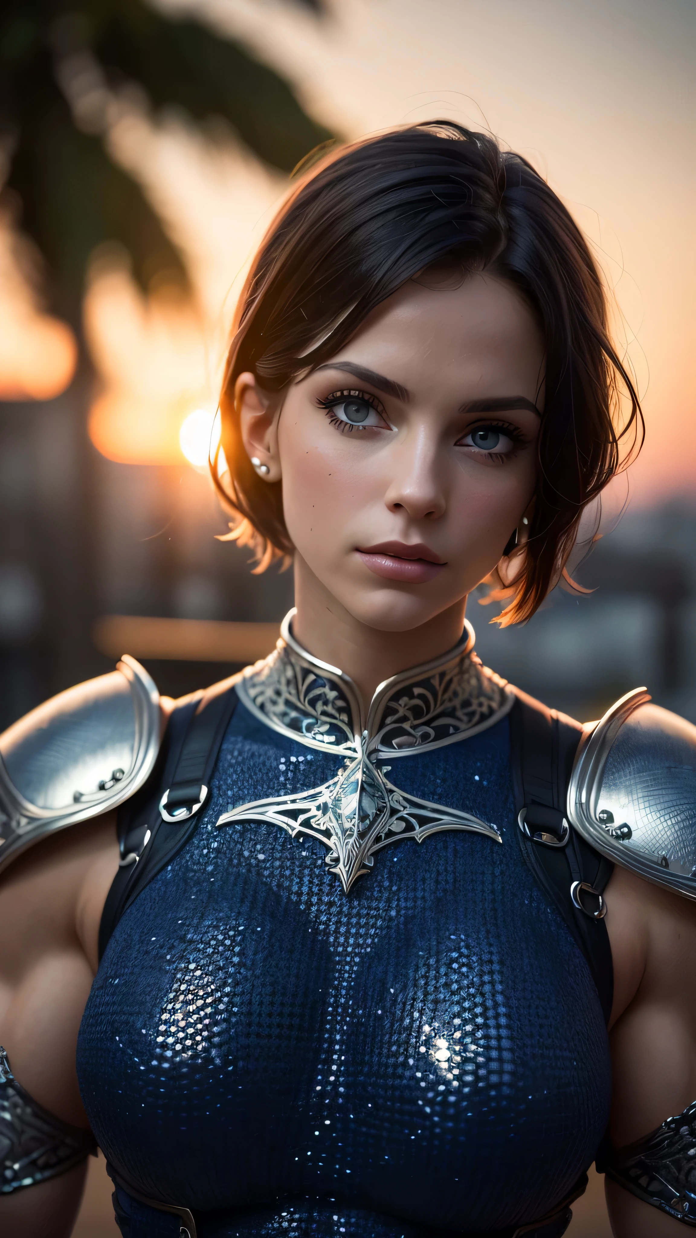 (masterpiece), (extremely intricate:1.3), (realistic), portrait of a muscular bodybuilder girl, ((medieval armor)), metal reflections, upper body, outdoors, intense sunlight, far away castle, professional photograph of a stunning woman detailed, (short undercut dark shaved hair, dynamic pose), sharp focus, dramatic, award winning, cinematic lighting, volumetrics dtx, (film grain, blurry background, blurry foreground, bokeh, depth of field, sunset, interaction, navyblue Perfectchainmail), 8K