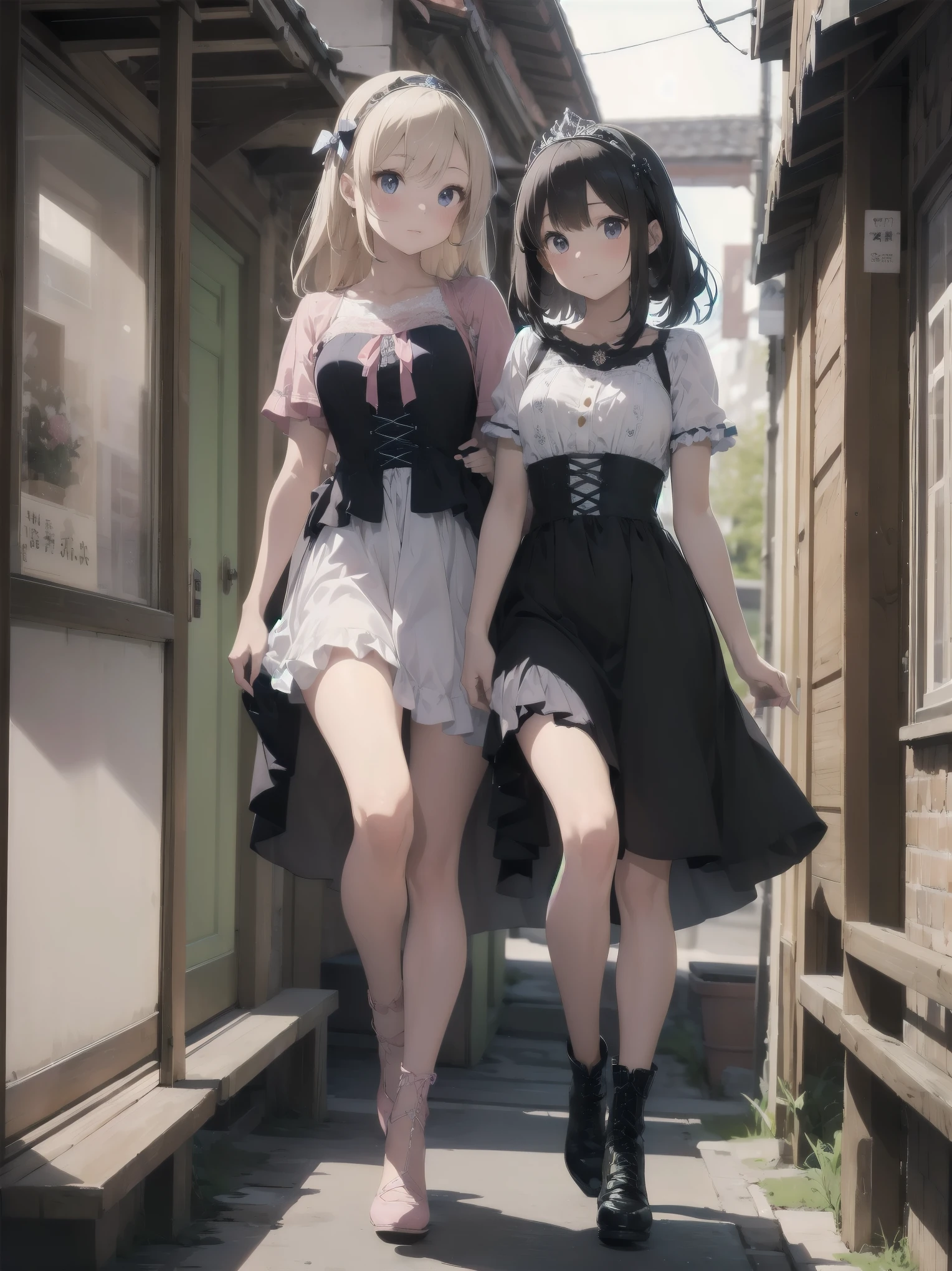Underwear for two girls, Ages 5 and 10、Realistic panties made of patterned cotton fabric、Translucent slip、Skirt lining、Skirt flip、In the shadow of a dark tree、Put your hands on your crotch、tights、Peeking from below