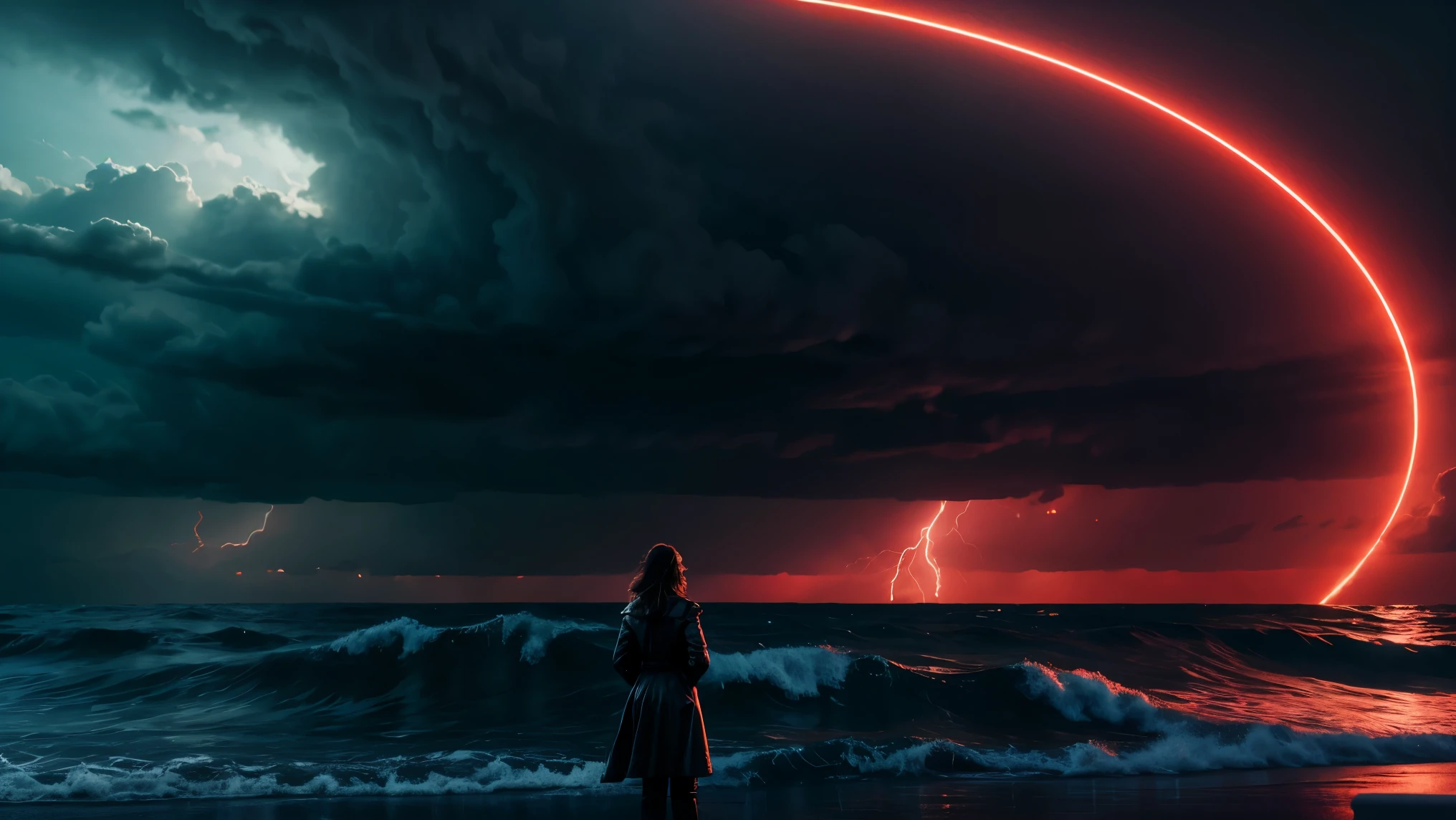 beautiful woman standing far away in a storm at an ocean, sci fi clouds, cinematic view, masterpiece, best quality, high quality, extremely detailed CG unit 8k wallpaper, award winning photography, Bokeh, Depth of Field, HDR, bloom, Chromatic aberration, photorealistic, extremely detailed, trending on artstation, trending on CGsociety, intricate, high detail, dramatic, mid-journey art, volumetric lighting, ultra realistic, dark, red lights,