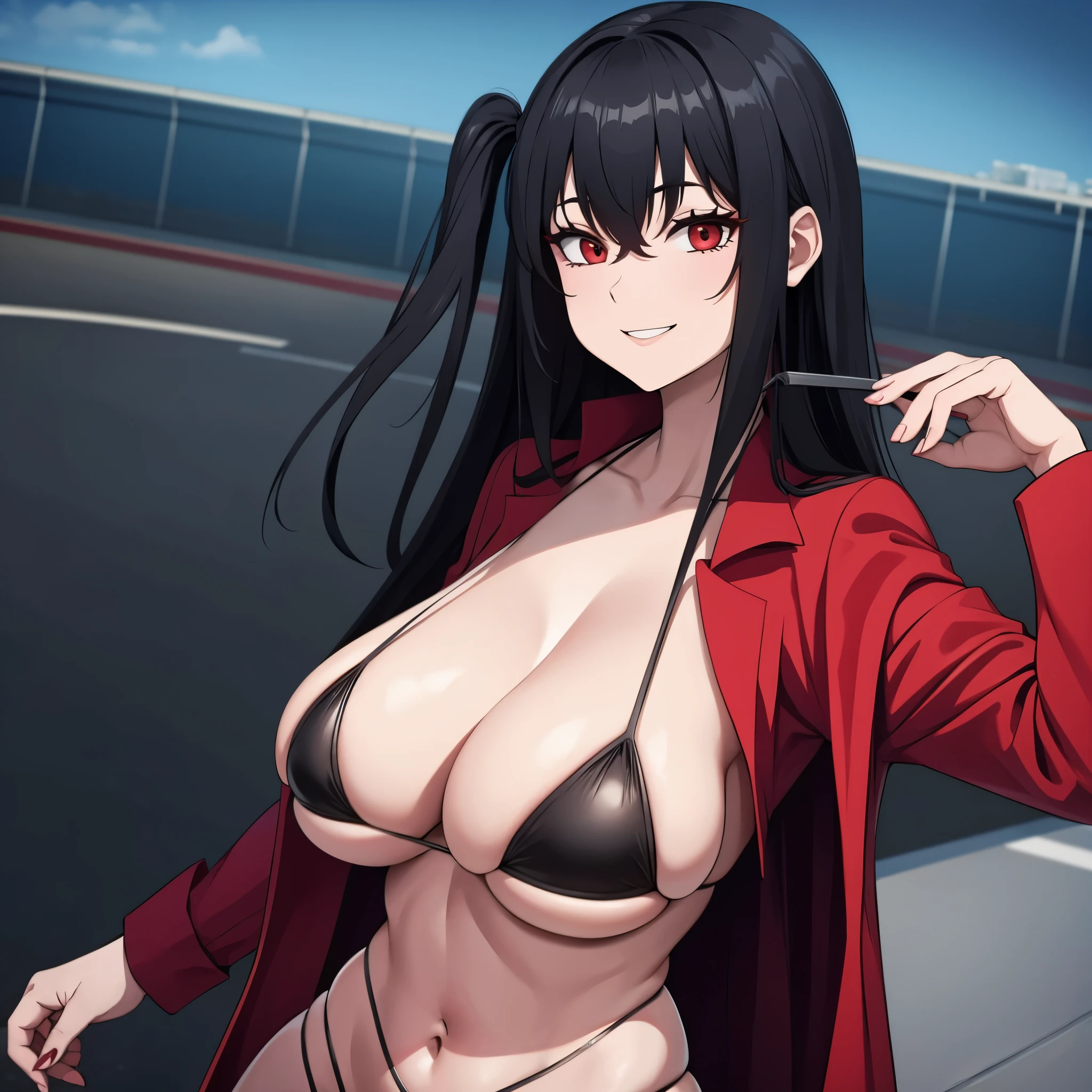 A woman with an open red coat, wearing a black bikini, big breasts, long black hair, red eyes, on a race track, at night, smiling, ultra resolution, very detailed, masterpiece, 2k hd.
