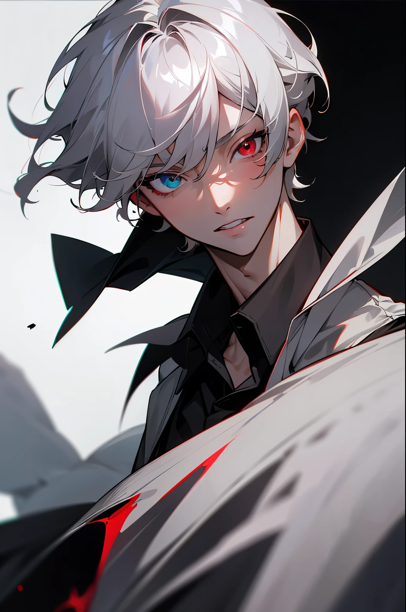 kk, best quality, more details, masterpiece, 1boy, male focus, solo, heterochromia, one eye red, one eye blue, black background, bangs, red eyes, grey eye, short hair, shirt, hand up, white hair, collared shirt, nail polish, black shirt, parted lips, looking at viewer, upper body, teeth, black nails, luxurious, 8k, detailed, ray tracing, depth of field, cinematic lighting, blood, gloves