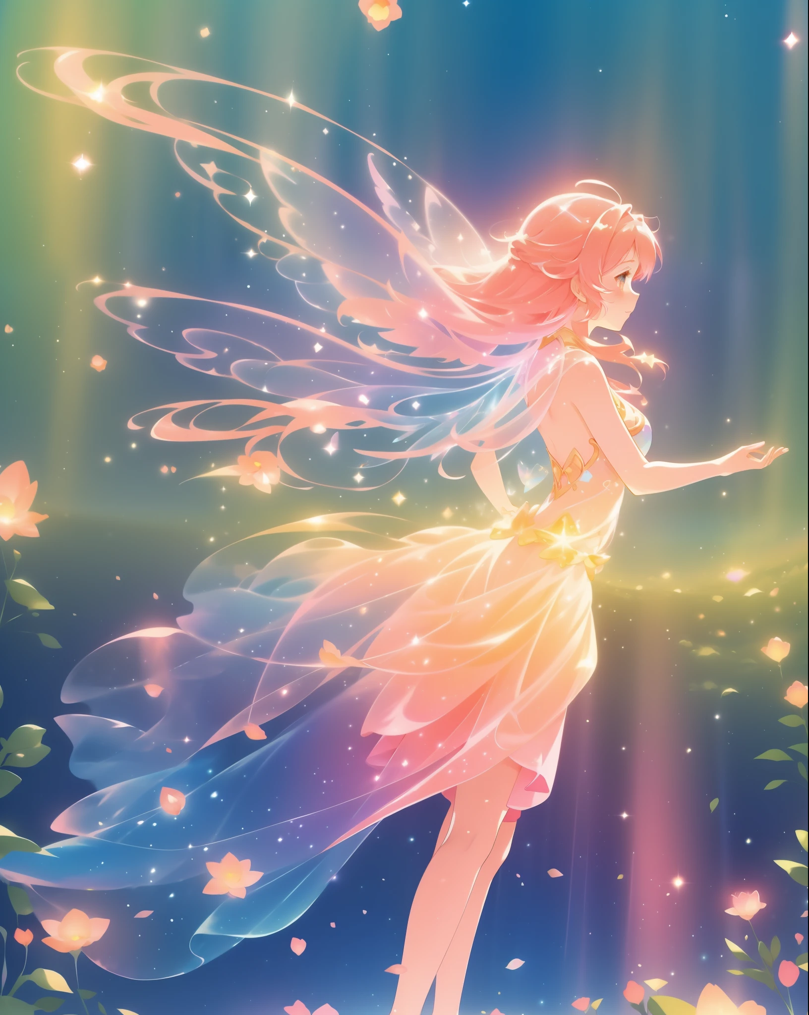 beautiful fairy girl in a sparkling layered dress, long flowing pink peach red hair, (large sparkling colorful fairy wings on her back), colorful fantasia background, watercolor illustration, disney art style, glowing aura around her, glowing lights, beautiful digital illustration, fantasia otherworldly landscape plants flowers, beautiful, masterpiece, best quality, anime disney style