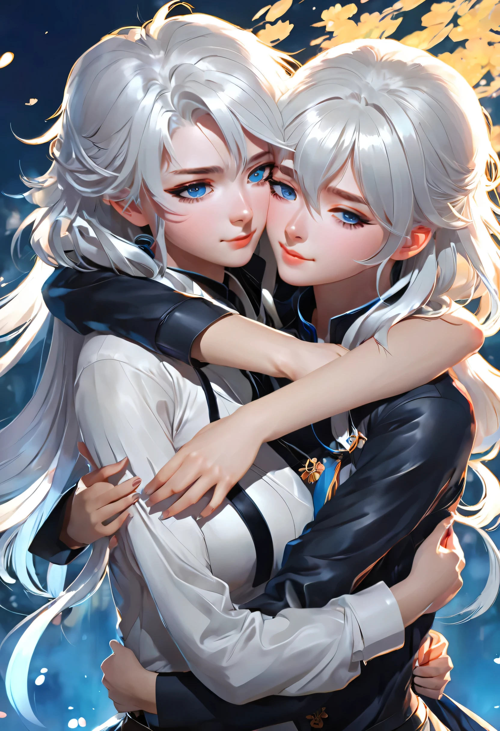anime girl with white hair and blue eyes hugging another girl, wlop and sakimichan, artwork in the style of guweiz, guweiz on artstation pixiv, guweiz on pixiv artstation, detailed digital anime art, guweiz, anime style 4 k, 8k high quality detailed art, anime art wallpaper 4 k