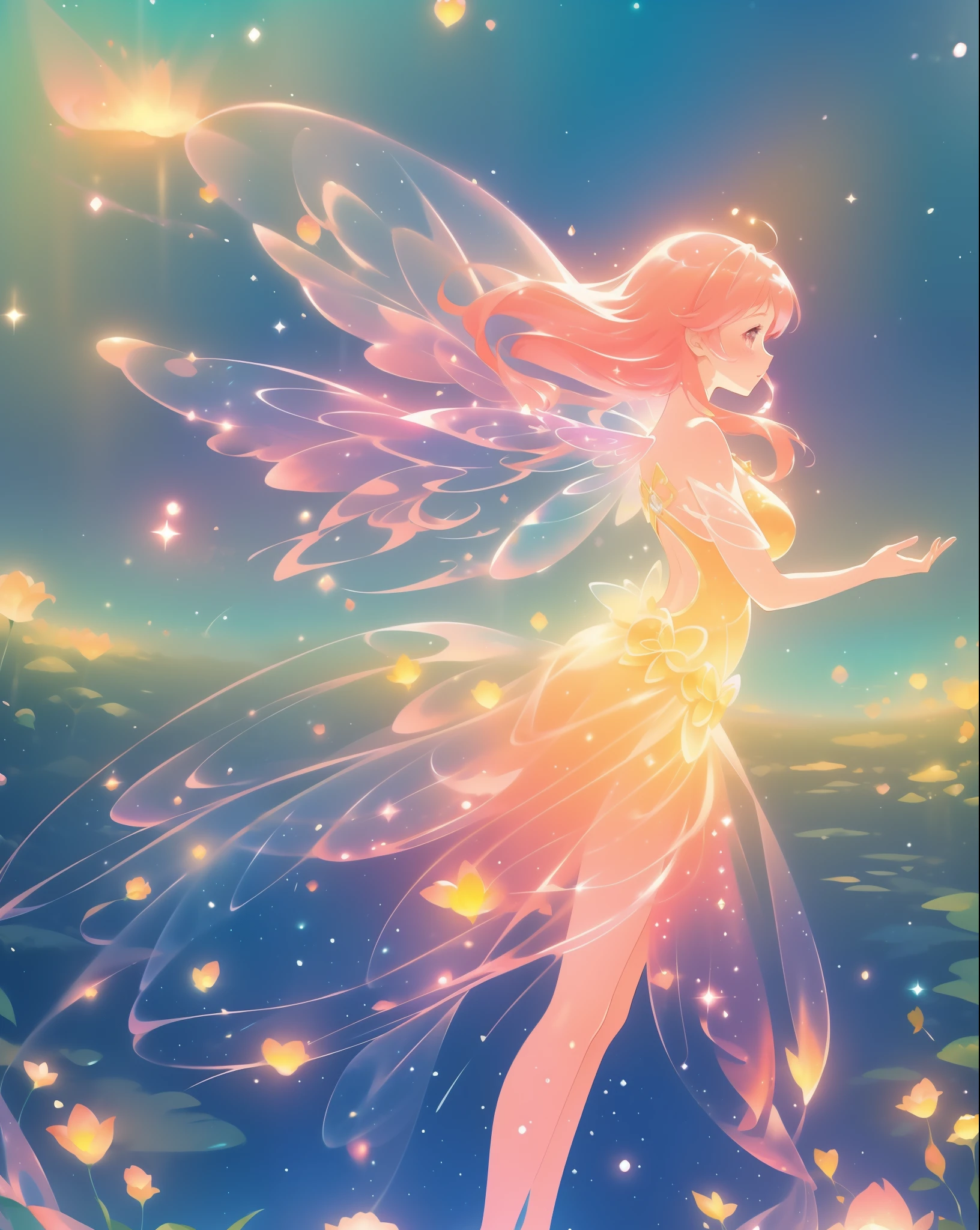 beautiful fairy girl in a sparkling layered dress, long flowing pink peach red hair, (large sparkling colorful fairy wings on her back), colorful fantasia background, watercolor illustration, disney art style, glowing aura around her, glowing lights, beautiful digital illustration, fantasia otherworldly landscape plants flowers, beautiful, masterpiece, best quality, anime disney style