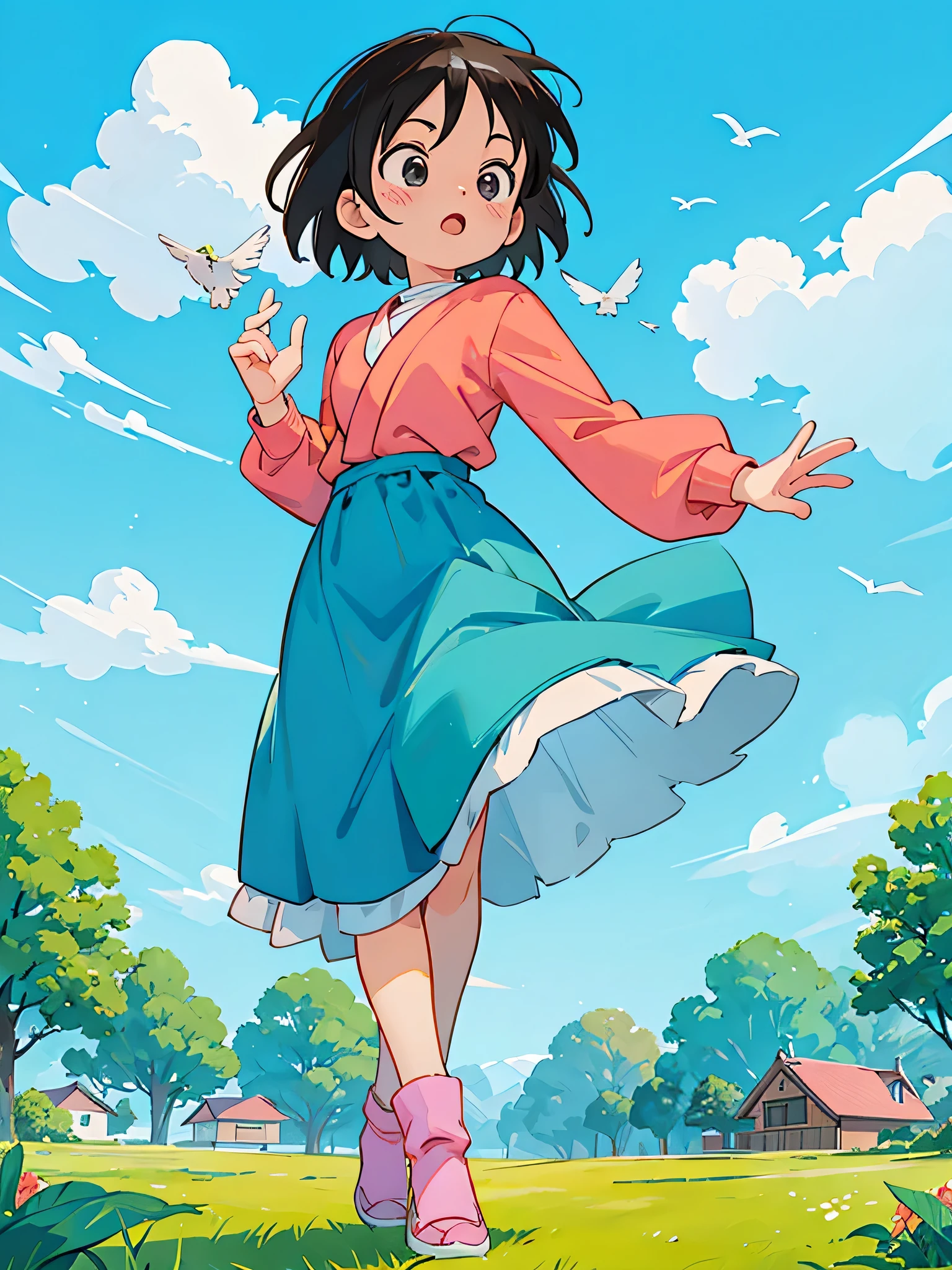 akira toriyama style, stylish design, The most beautiful woman of all time、beautiful spring afternoon、birdie、Look up at the sky and take a deep breath
