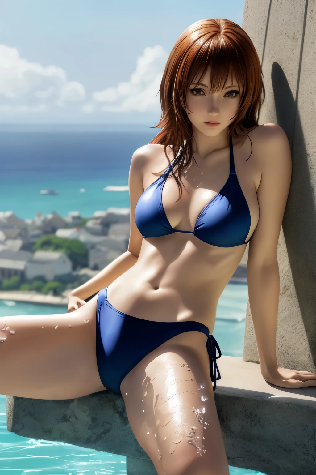 a woman in a bikini sitting on a ledge Woman in swimsuit lying on her back, Seductive anime girls, Wallpaper anime Blue Water, Realistic bikini, swim, Splash Art, Swimsuit, Beautiful Attractive Anime Woman, 4K Digital Art, lascivious, High-Definition, Open your legs wide,