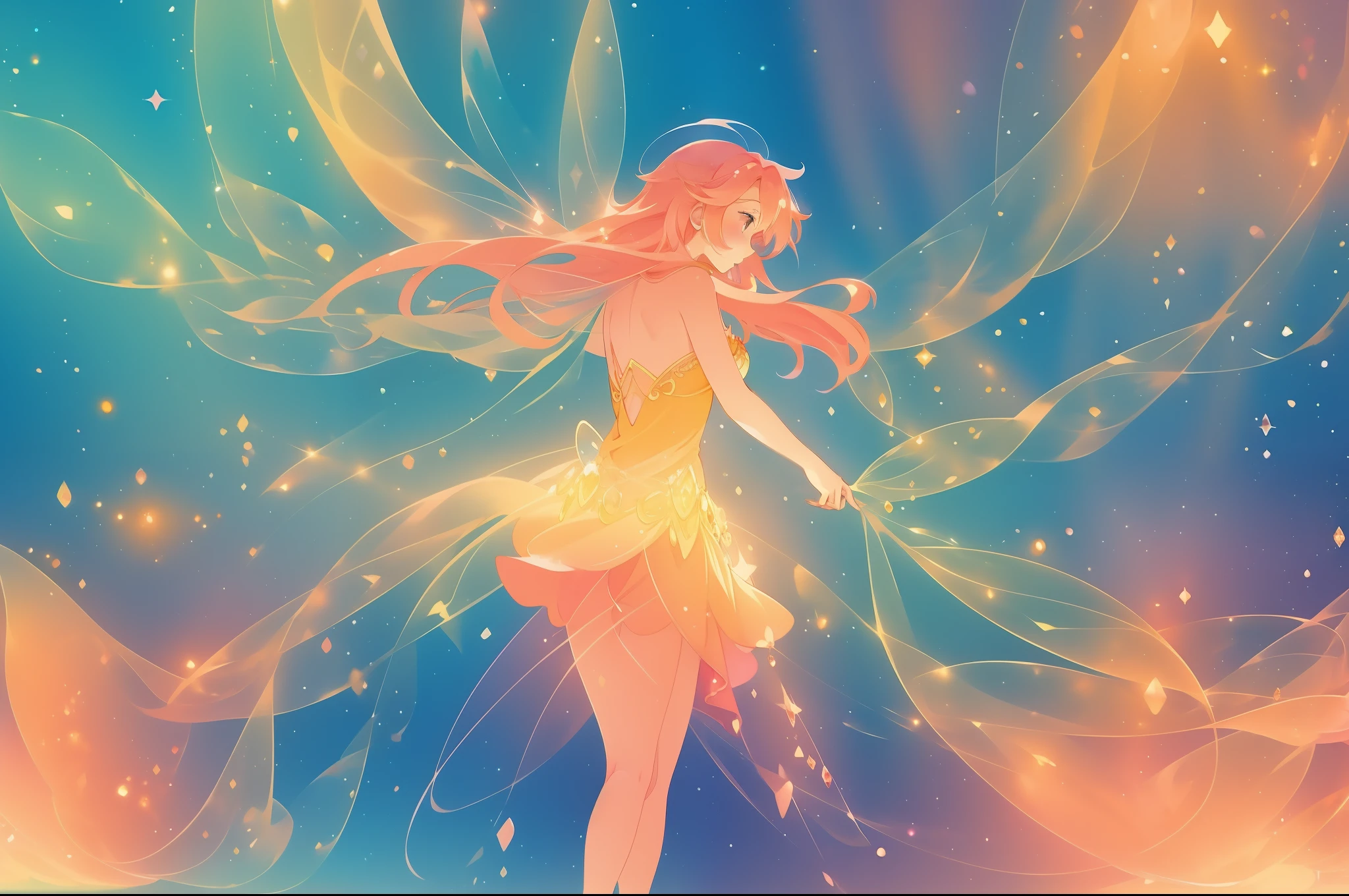beautiful fairy girl in flowing yellow peach dress, long flowing pink peach red hair, large sparkling fairy wings on her back, colorful fantasia background, watercolor illustration, disney art style, glowing aura around her, glowing lights, beautiful digital illustration, beautiful, masterpiece, best quality, anime disney style