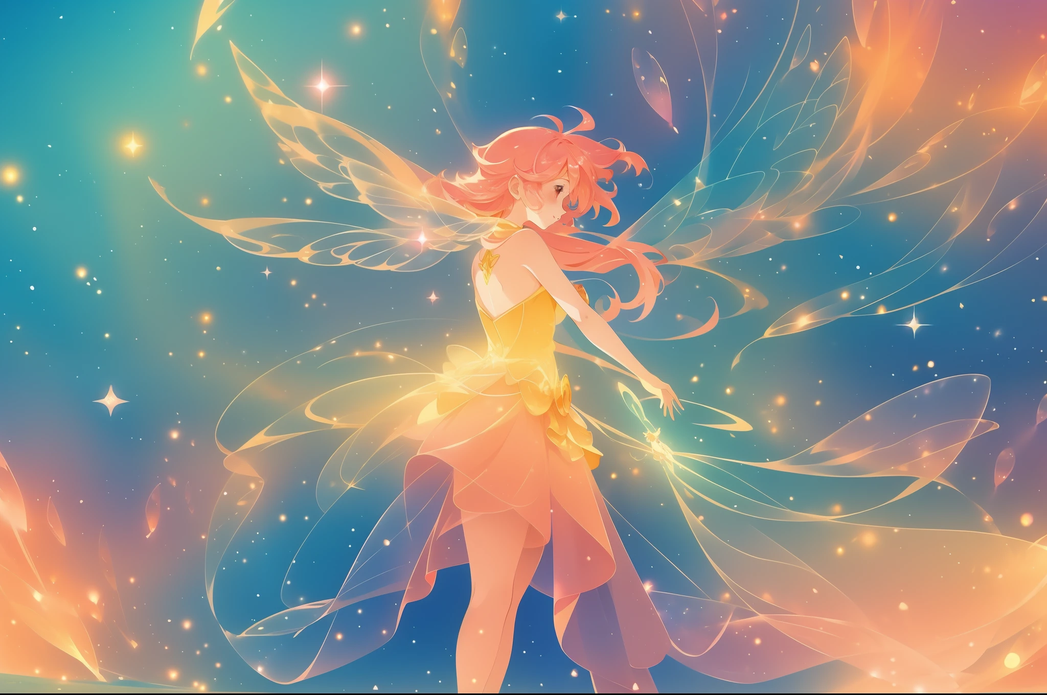 beautiful fairy girl in flowing yellow peach dress, long flowing pink peach red hair, large sparkling fairy wings on her back, colorful fantasia background, watercolor illustration, disney art style, glowing aura around her, glowing lights, beautiful digital illustration, beautiful, masterpiece, best quality, anime disney style