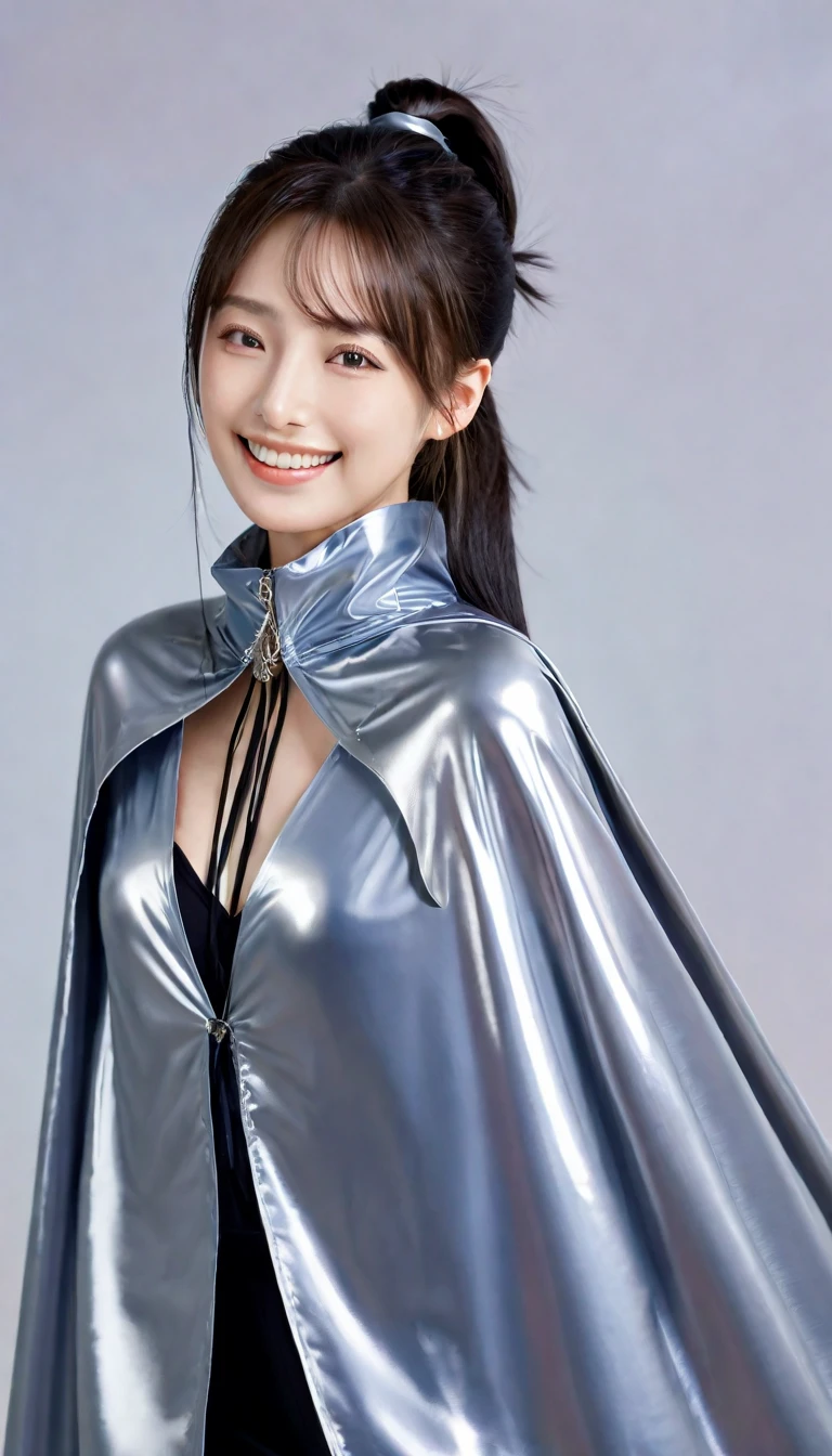 (RAW photo, best quality, masterpiece, ultra-detailed, high res), (realistic),(extremely delicate and beautiful:1), mesmerizing woman with long hair in sleek high ponytail , (((wearing glossy silver cloak fastened at the neck :1.20))), crop top and hotpants , detailed features, smiling expression of feelings, imaginative, highly detailed, extremely high-resolution details, photographic, realism pushed to extreme, fine texture, 4k, ultra-detailed, high quality, high contrast, full body shot
