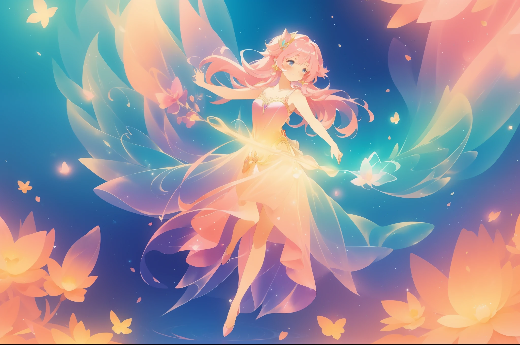 watercolor illustration, beautiful fairy girl in flowing multi-colorful dress, long flowing pink peach purple hair, large fairy wings on her back, colorful fantasia background, disney art style, glowing aura around her, glowing lights, beautiful digital illustration, fantasia otherworldly flowers, beautiful, masterpiece, best quality, anime disney style