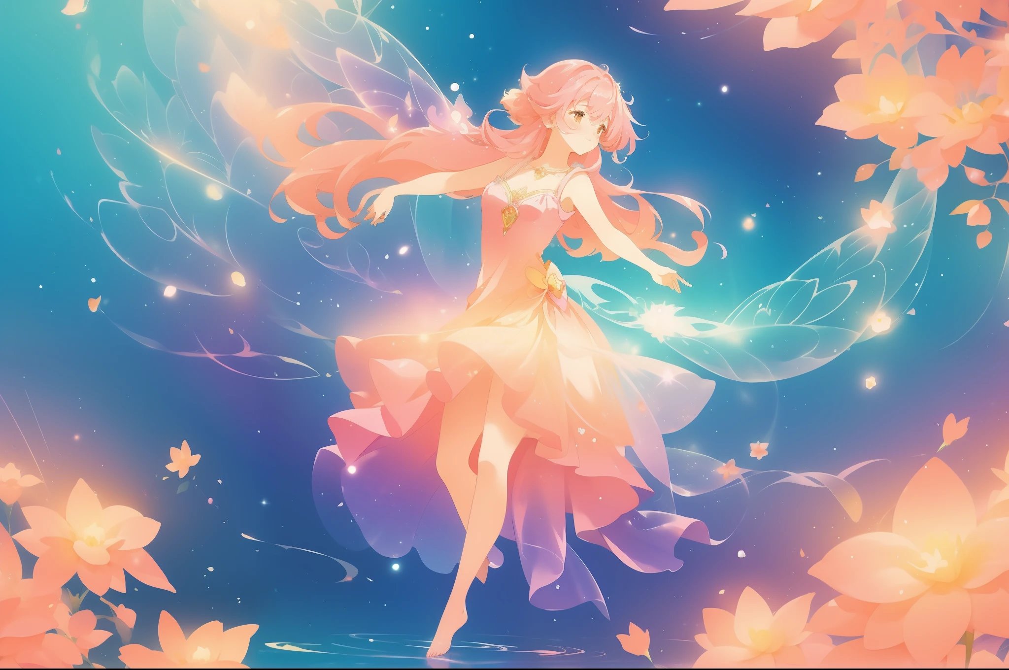 watercolor illustration, beautiful fairy girl in flowing multi-colorful dress, long flowing pink peach purple hair, large fairy wings on her back, colorful fantasia background, disney art style, glowing aura around her, glowing lights, beautiful digital illustration, fantasia otherworldly flowers, beautiful, masterpiece, best quality, anime disney style