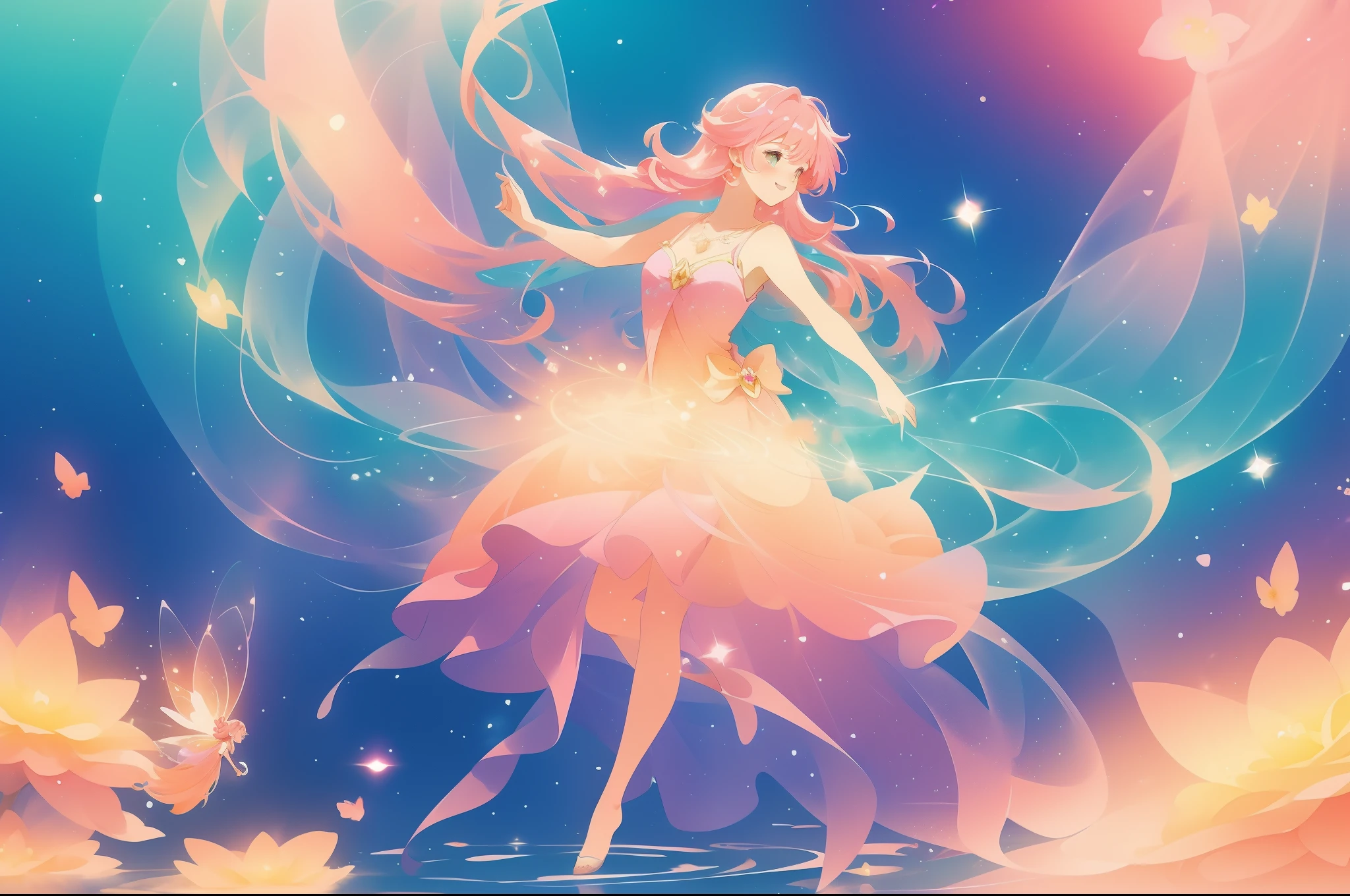 watercolor illustration, beautiful fairy girl in flowing multi-colorful dress, long flowing pink peach purple hair, large fairy wings on her back, colorful fantasia background, disney art style, glowing aura around her, glowing lights, beautiful digital illustration, fantasia otherworldly flowers, beautiful, masterpiece, best quality, anime disney style