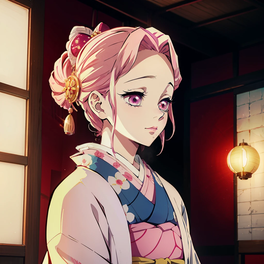 "Kimetsu no estilo Yaiba, depicts a single geisha in a splendid kimono, radiating beauty and elegance with beautiful light pink hair with light blue highlights at the ends of the hair, capturing the essence of a graceful, modest and confident courtesan, apaixonado, chamativo e cheio de energia."