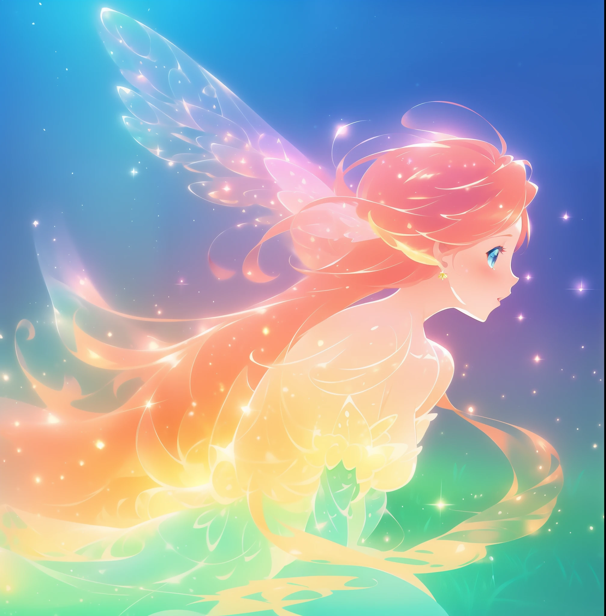 beautiful fairy girl in sparkling dress, glowing ballgown, long red peach hair, colorful fantasia background, fairy wings watercolor illustration, disney art style, glowing aura around her, glowing lights, beautiful digital illustration, fantasia otherworldly landscape plants flowers, beautiful, masterpiece, best quality, anime disney style