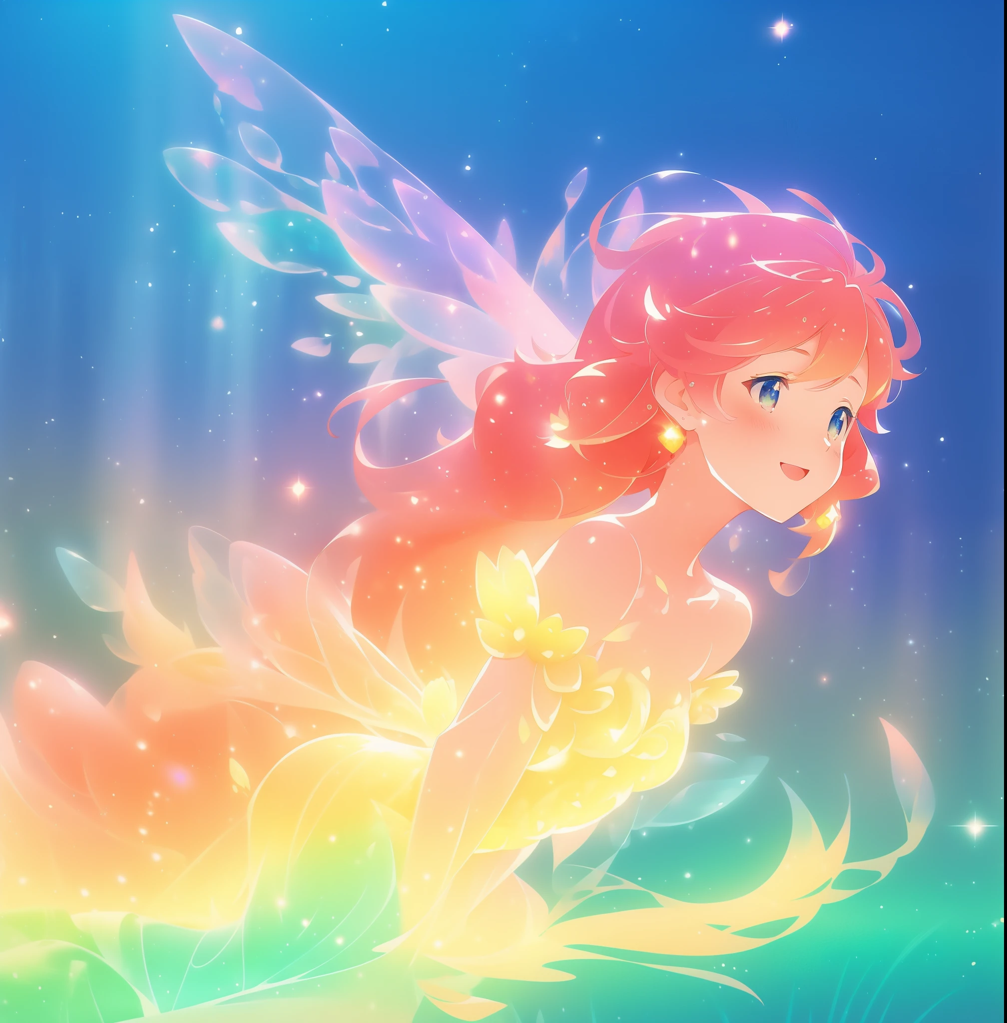 beautiful fairy girl in sparkling dress, glowing ballgown, long red peach hair, colorful fantasia background, fairy wings watercolor illustration, disney art style, glowing aura around her, glowing lights, beautiful digital illustration, fantasia otherworldly landscape plants flowers, beautiful, masterpiece, best quality, anime disney style