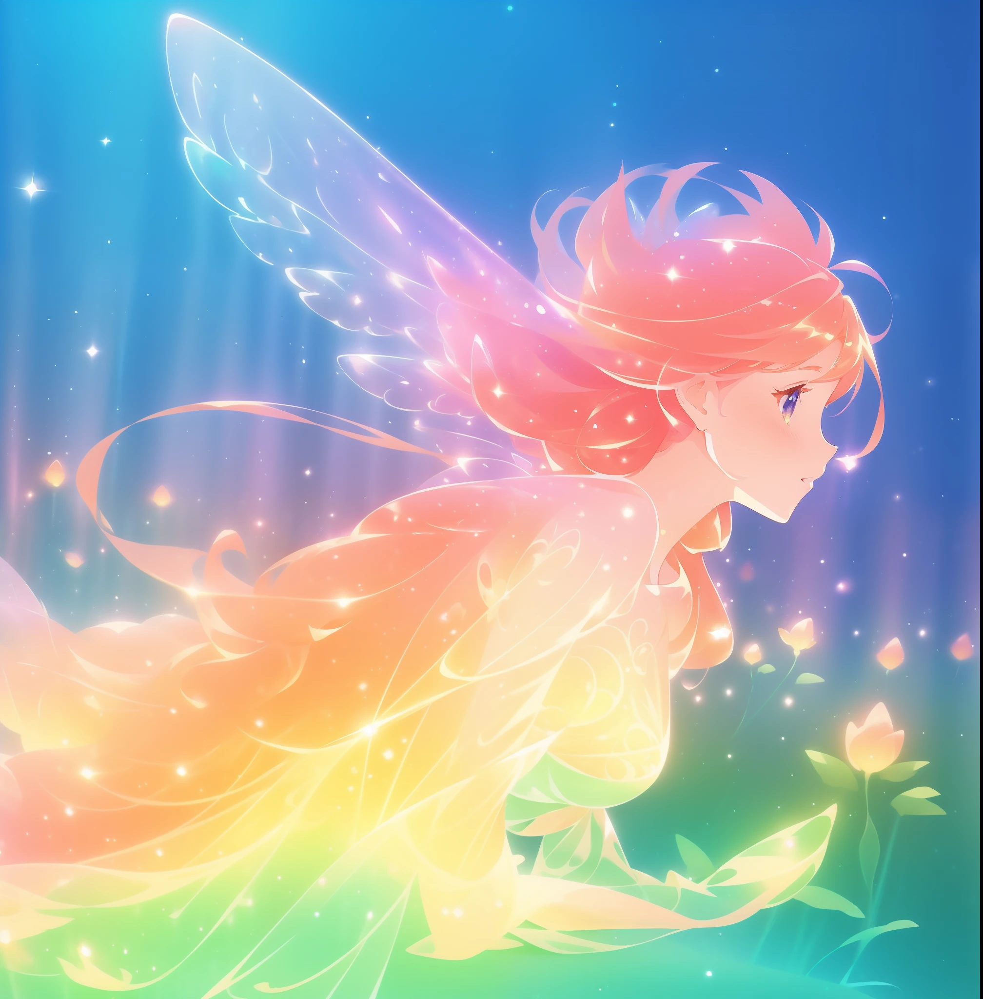 beautiful fairy girl in sparkling dress, glowing ballgown, long red peach hair, colorful fantasia background, fairy wings watercolor illustration, disney art style, glowing aura around her, glowing lights, beautiful digital illustration, fantasia otherworldly landscape plants flowers, beautiful, masterpiece, best quality, anime disney style
