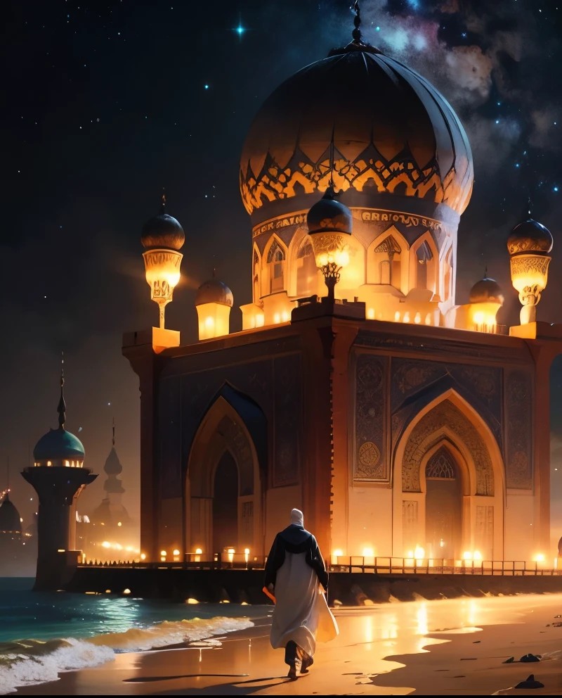 muslim man walking on the beach at night with a mosque in the background, 8k stunning artwork, concept art wallpaper 4k, inspired by Andreas Rocha, andreas rocha style, inspired by Cyril Rolando, a beautiful artwork illustration, 4k highly detailed digital art, concept art | rhads, beautiful art uhd 4 k, 8k hd wallpaper digital art, million of stars, moon 