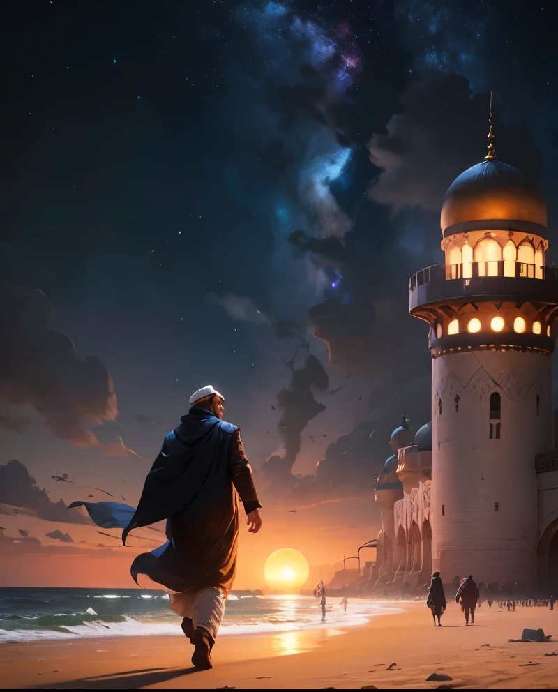 muslim man walking on the beach at night with a mosque in the background, 8k stunning artwork, concept art wallpaper 4k, inspired by Andreas Rocha, andreas rocha style, inspired by Cyril Rolando, a beautiful artwork illustration, 4k highly detailed digital art, concept art | rhads, beautiful art uhd 4 k, 8k hd wallpaper digital art, million of stars, moon
