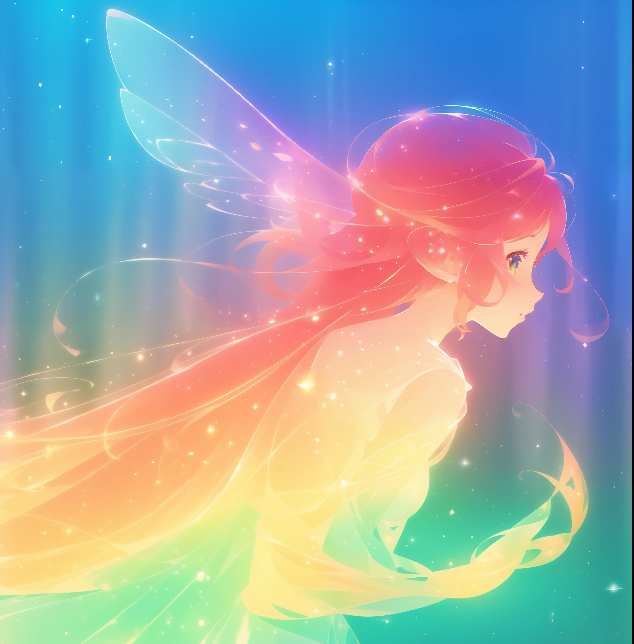 beautiful fairy girl in sparkling dress, glowing ballgown, long red peach hair, colorful fantasia background, fairy wings watercolor illustration, disney art style, glowing aura around her, glowing lights, beautiful digital illustration, fantasia otherworldly landscape plants flowers, beautiful, masterpiece, best quality, anime disney style