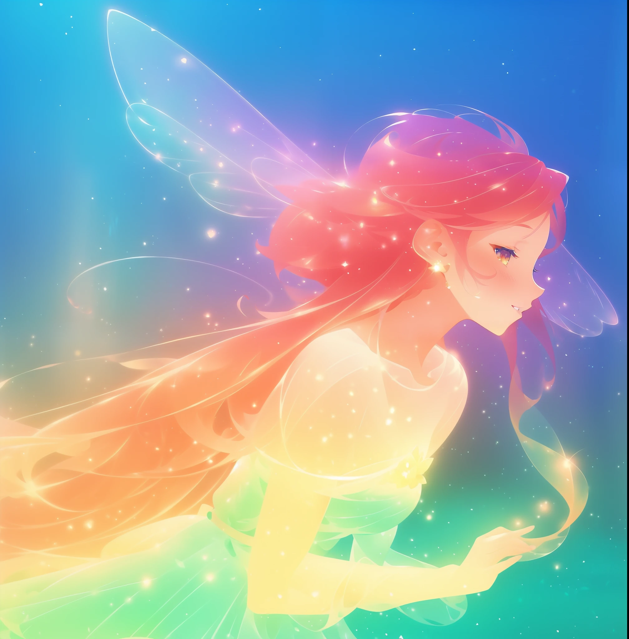 beautiful fairy girl in sparkling dress, glowing ballgown, long red peach hair, colorful fantasia background, fairy wings watercolor illustration, disney art style, glowing aura around her, glowing lights, beautiful digital illustration, fantasia otherworldly landscape plants flowers, beautiful, masterpiece, best quality, anime disney style