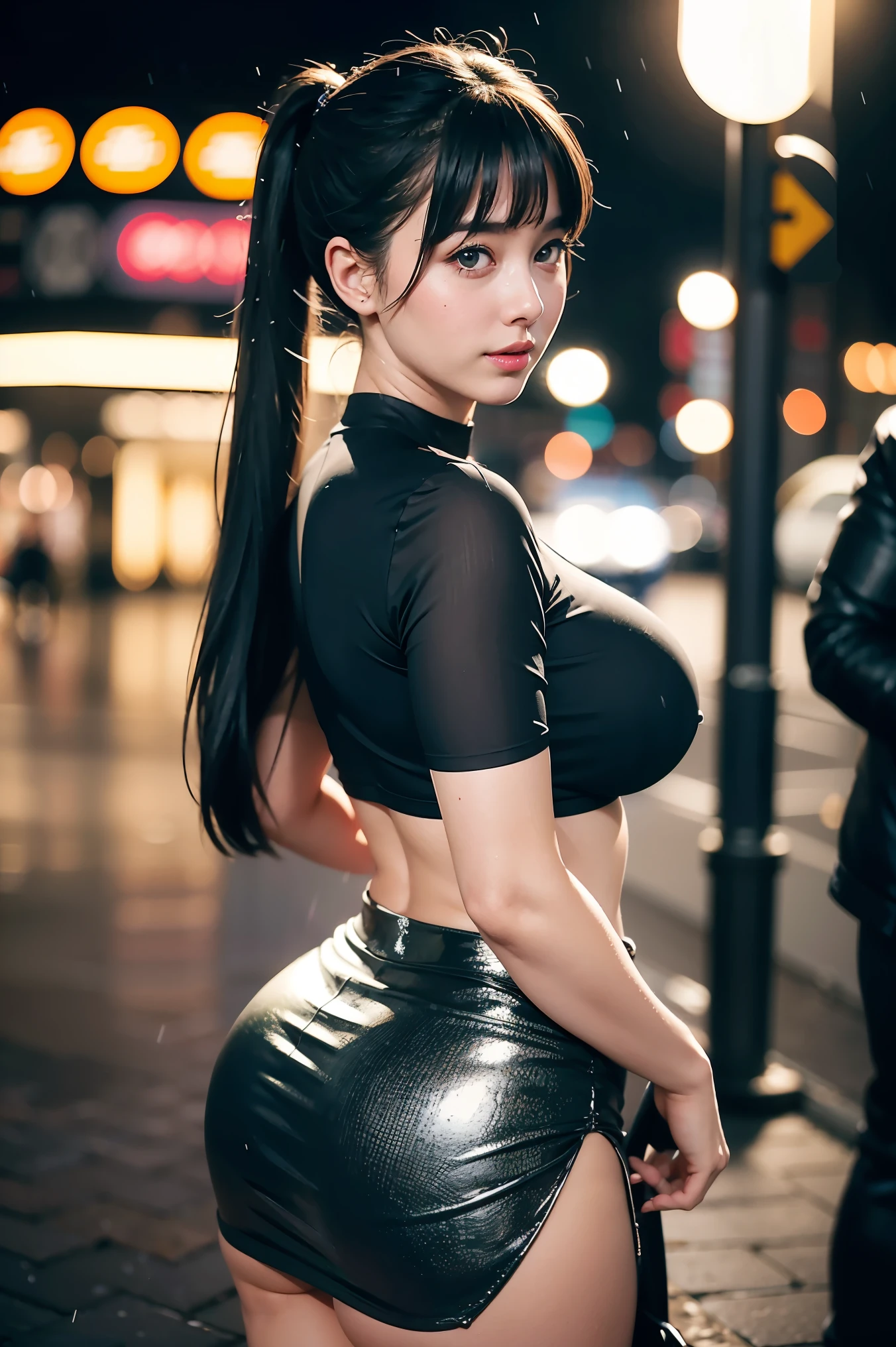 Beautiful sensual and erotic woman with a curvy body, long full black hair, bangs, twintail, widest waist, thicc, beautiful fitting breasts, curvy accentuated booty, detailed sparkling olive green eyes, long eyelashes, light smile, thick thighs, Strong calves, taniaayusiregar, It is night, it is raining, busy street in tokyo, people are not recognizable, she stands in front of a Bus stop, She wears a shiny mini skirt, having fun, skirt is dark blue, photorealistic, Masterpiece, bokeh, Volumetric lighting, low light, sensual atmosphere, close up shot