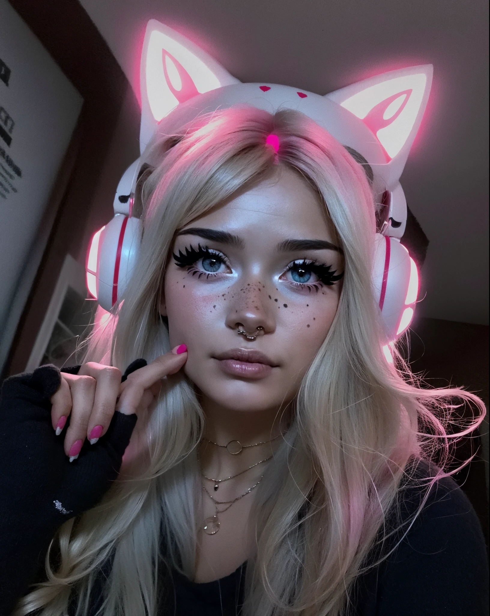 chica de pelo rubio con orejas rosadas y orejas de gato con ojos brillantes, Chica con orejas de gato, Usar auriculares para la oreja de gato, vibraciones de anime, Orejas de gato, Chica anime con orejas de gato, muy hermosa linda catgirl, Orejas de gato falsas, Mujer con orejas de gato, Hermosa Delfina, E - Chica, e-chica, wearing cyber bunny ears