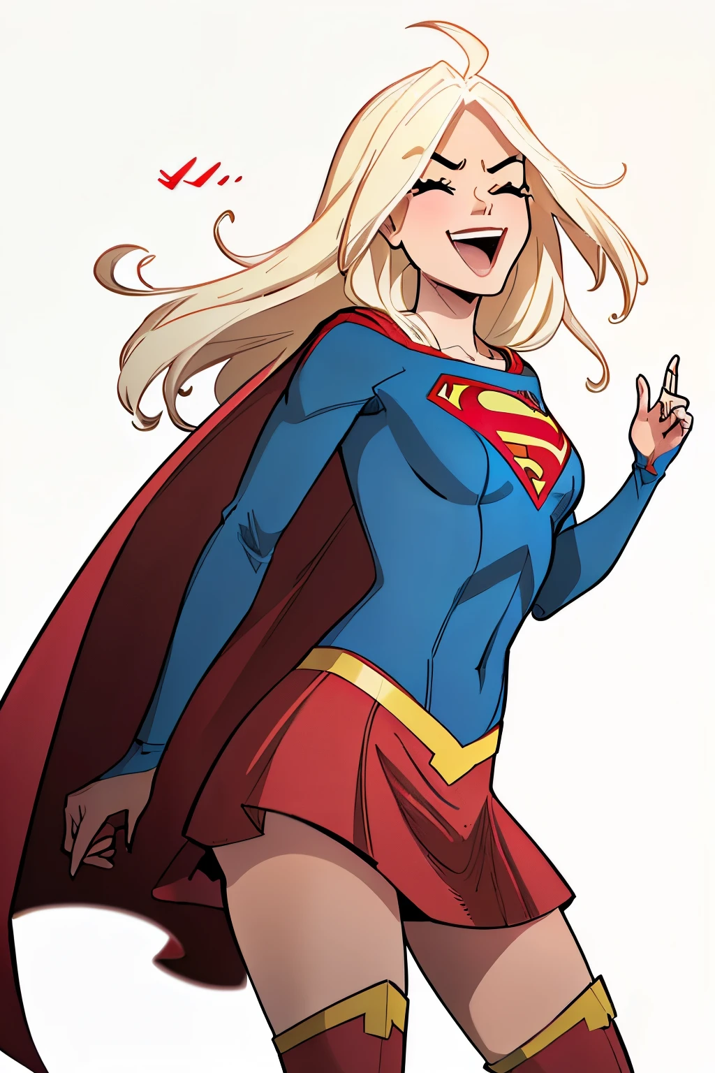 HAHAHA (Laughter) Closed eyes, cute (((Just focus from the head to the torso.))) (masterpiece, top quality, best quality, official art, beautiful and aesthetic:1.2),(1girl:1.4), blonde hair, ((masterpiece)), absurdres, supergirl, blonde hair,blonde, (((long hair))), red cape, tight blue suit, the iconic 'Superman' emblem in red and yellow prominently displayed on his chest, knee-high red boots, a short red skirt., style genshin impact, , Instagrammable, adorable girl, kawaii,riamu, ,ahoge,,AGGA_ST004 ,solo, smiling, , (white background :1.3), supergirl,comicstyle