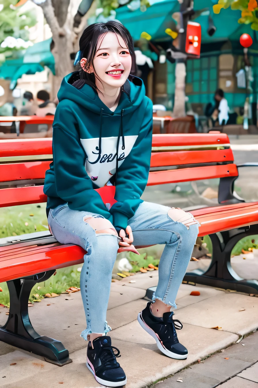 A neat and beautiful woman sitting on a park bench、black hair、hoodie、ear piercing、skinny denim、sneakers、wear socks、smile。、beautiful teeth、full body photo、
