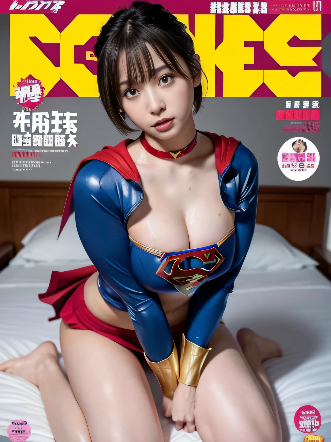 masterpiece、supergirl costume、short hair、barefoot、big and full breasts、Hotel、cum on the bed、sexy pose、athlete、shiny、looking at camera、Seduce、choker、long sleeve、red mini skirt、Weekly magazine cover、Sculpture Magazines、sweaty、radical、