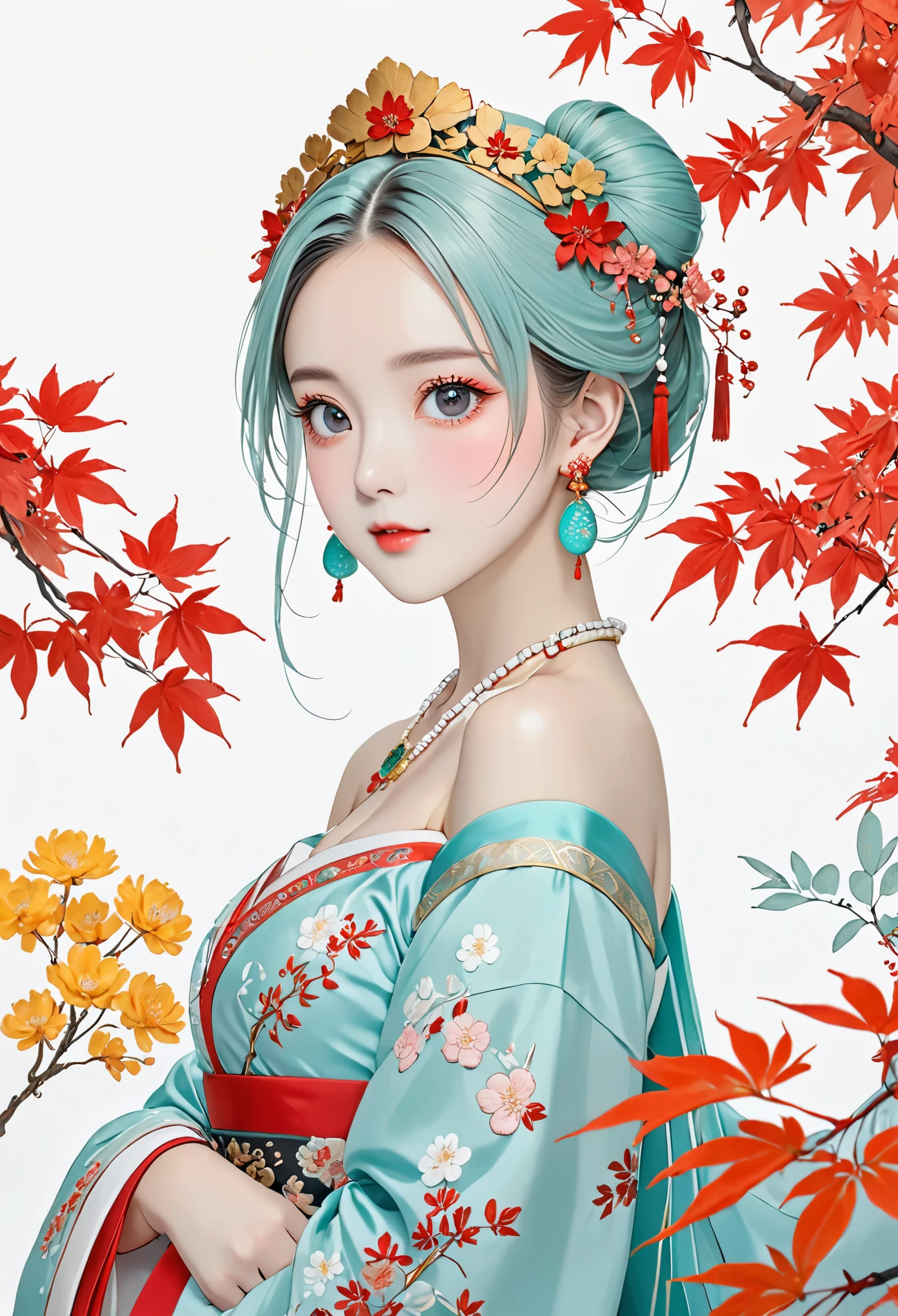 Chinese classics,xiaojing wears a red off-the-shoulder hanfu embroidered with pale cyan and pale pink patterns,big black eyes,red glass earrings,a single bun,a golden yellow headdress,a pink head flower,a pale white necklace inlaid with red and green gemstones,a bright blue and white waistband,a half,pale cyan leaves,red maple leaves,pale yellow flowers,a pale white background,