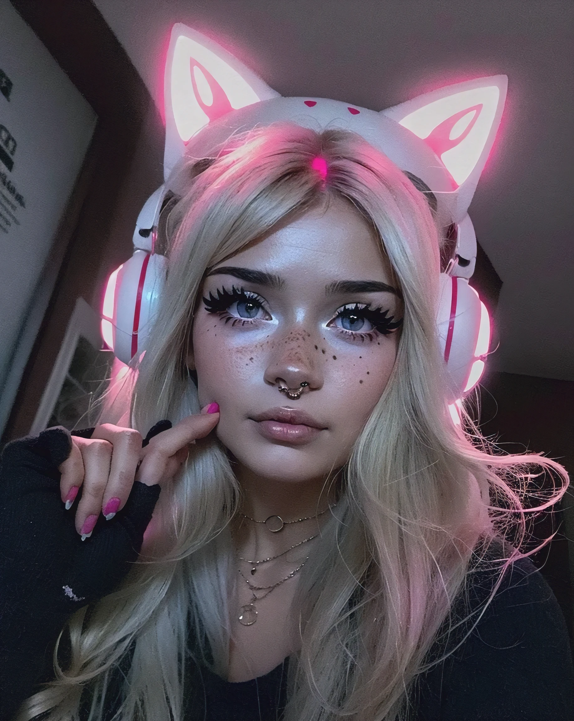 chica de pelo rubio con orejas rosadas y orejas de gato con ojos brillantes, Chica con orejas de gato, Usar auriculares para la oreja de gato, vibraciones de anime, Orejas de gato, Chica anime con orejas de gato, muy hermosa linda catgirl, Orejas de gato falsas, Mujer con orejas de gato, Hermosa Delfina, E - Chica, e-chica, wearing cyber bunny ears