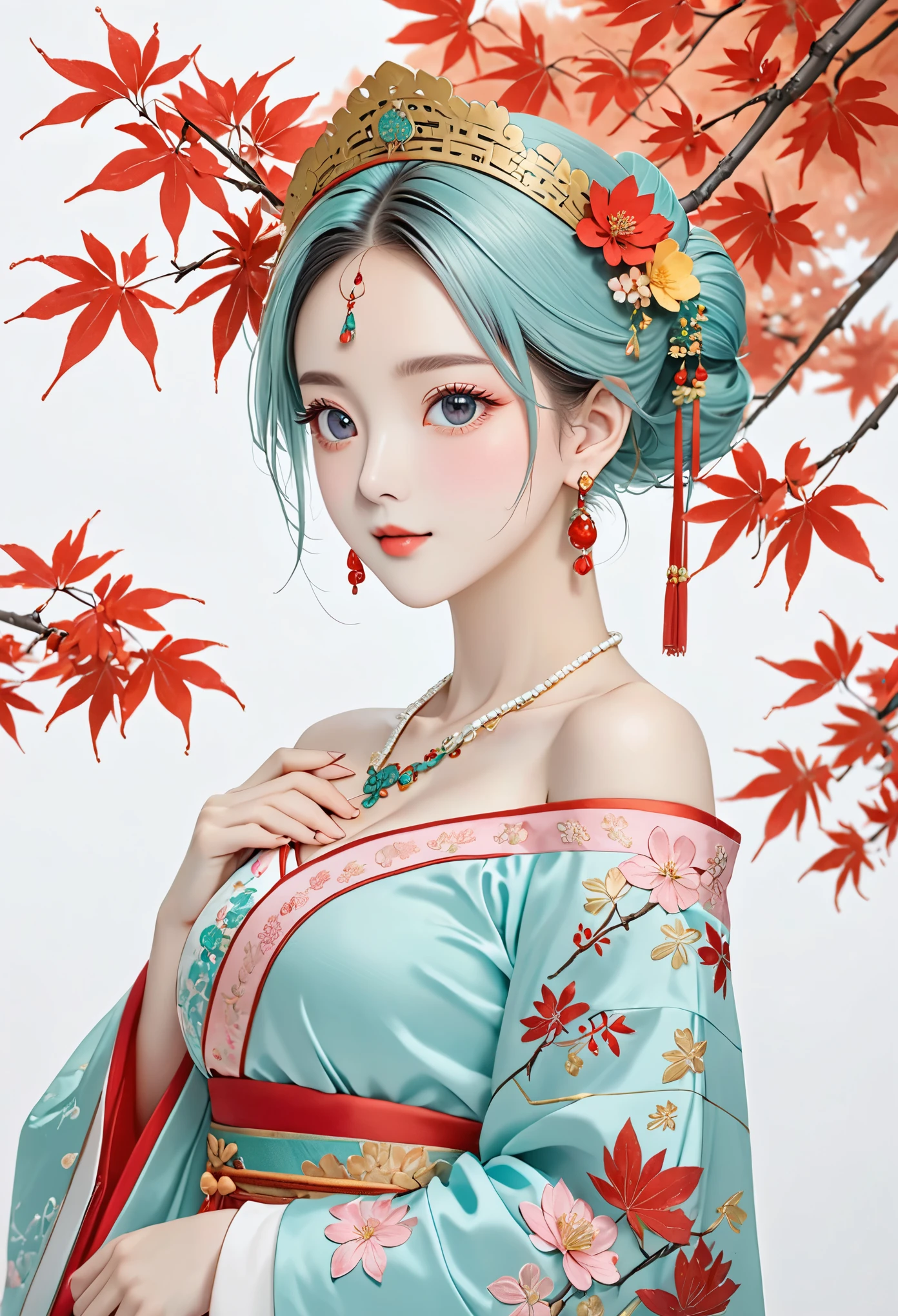 Chinese classics,xiaojing wears a red off-the-shoulder hanfu embroidered with pale cyan and pale pink patterns,big black eyes,red glass earrings,a single bun,a golden yellow headdress,a pink head flower,a pale white necklace inlaid with red and green gemstones,a bright blue and white waistband,a half,pale cyan leaves,red maple leaves,pale yellow flowers,a pale white background,