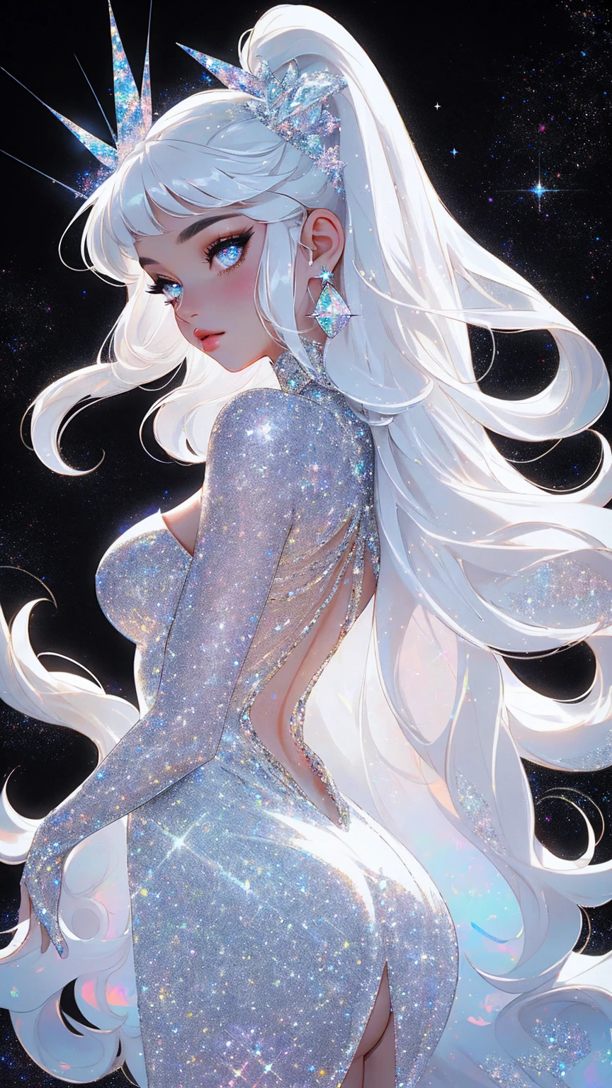 {-erro_de_anatomia:1.0} masterpiece, highest quality, (perfect face:1.1, (high detail)1.1, sweet stardust vampire , long soft white hair, opal eyes, perfectly drawn face, black dress, stars detailed background, prismatic lighting, glitter, whole bod., Very sexy, walking, holding a crystal star in her hands, backwards, looking back