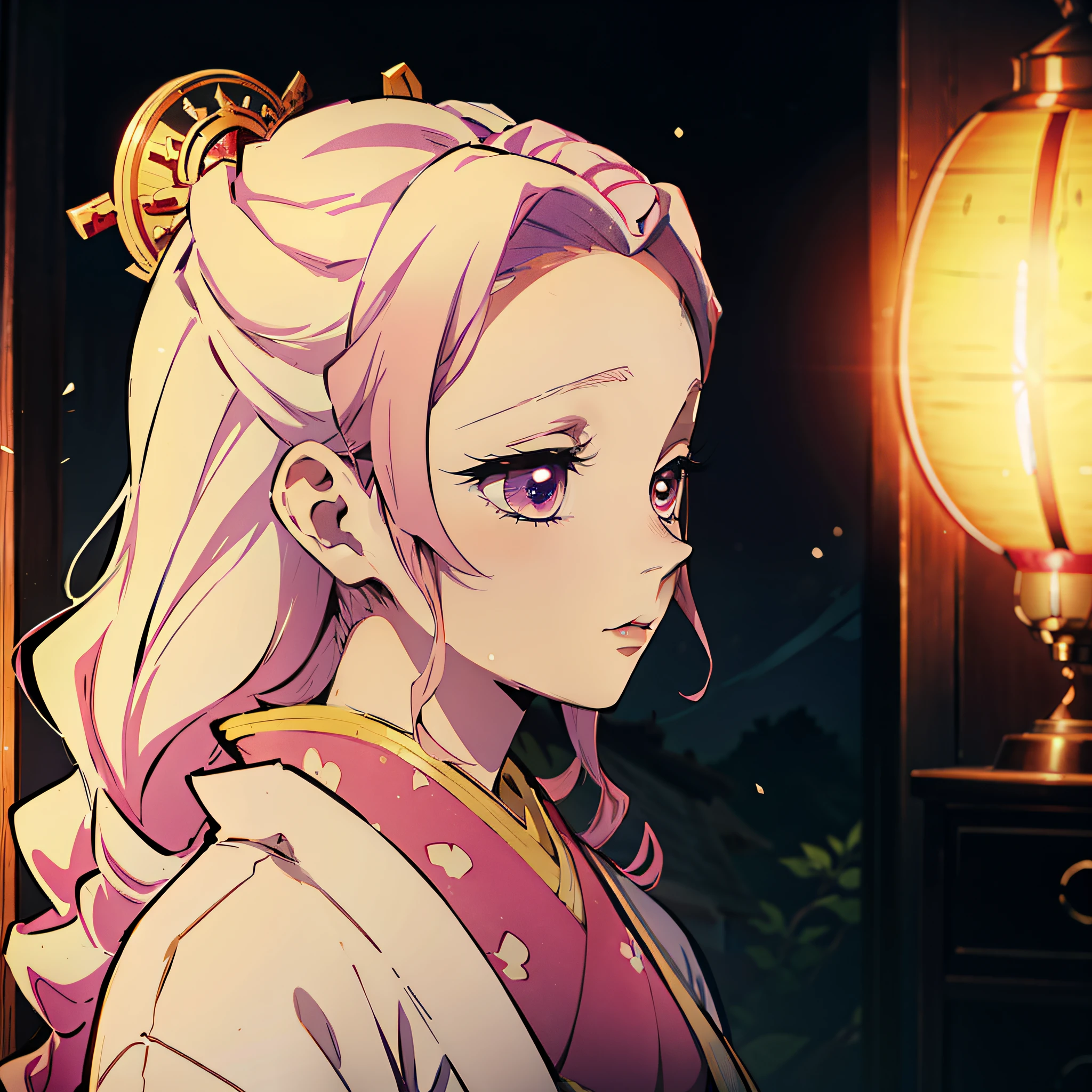"kimetsu no estilo yaiba, depicts a single geisha in a splendid kimono, radiating beauty and elegance with beautiful light pink hair with light blue highlights at the ends of the hair, capturing the essence of a graceful, modest and confident courtesan, apaixonado, chamativo e cheio de energia."