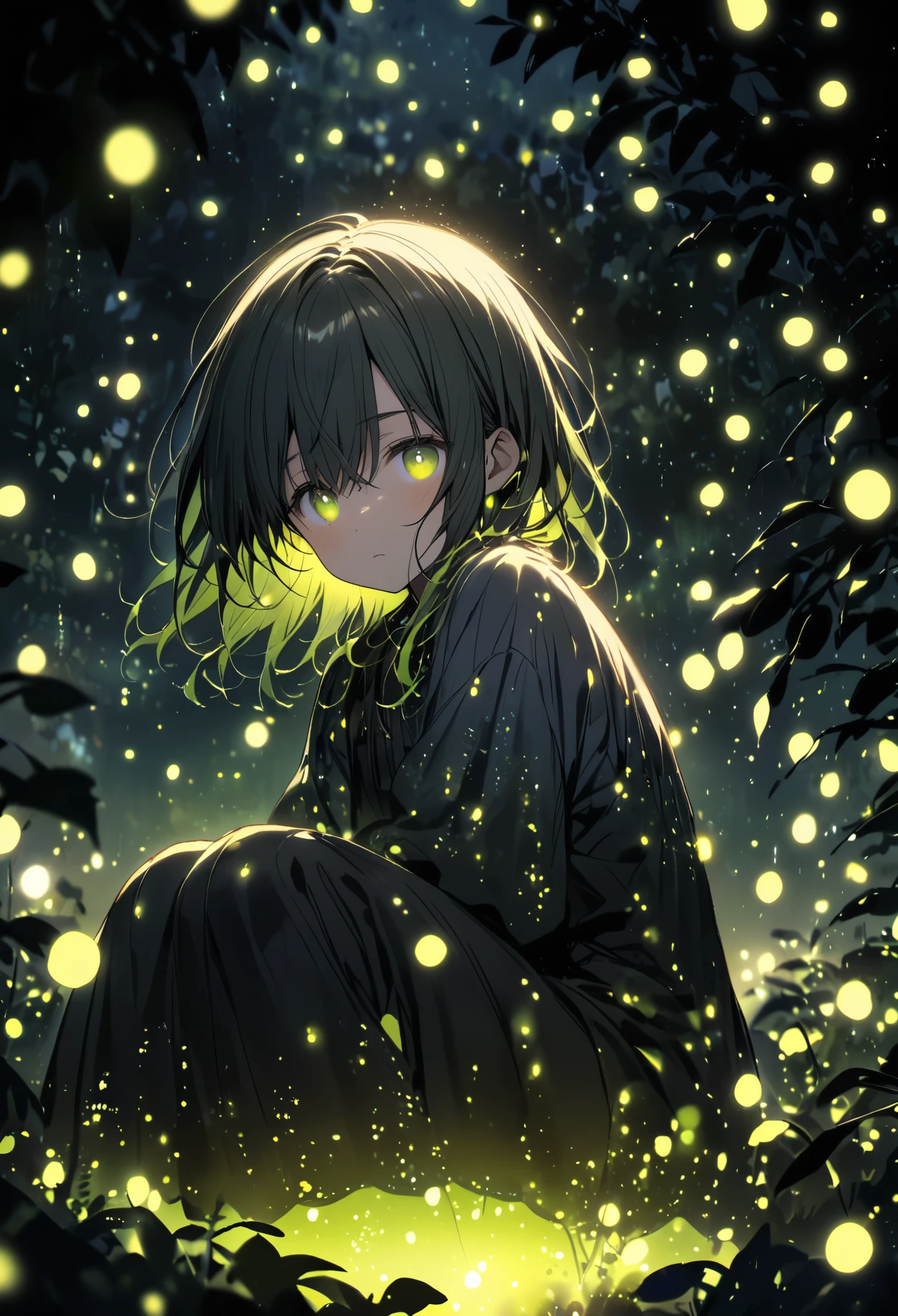 a man made of fireflies, surrounded by fireflies.