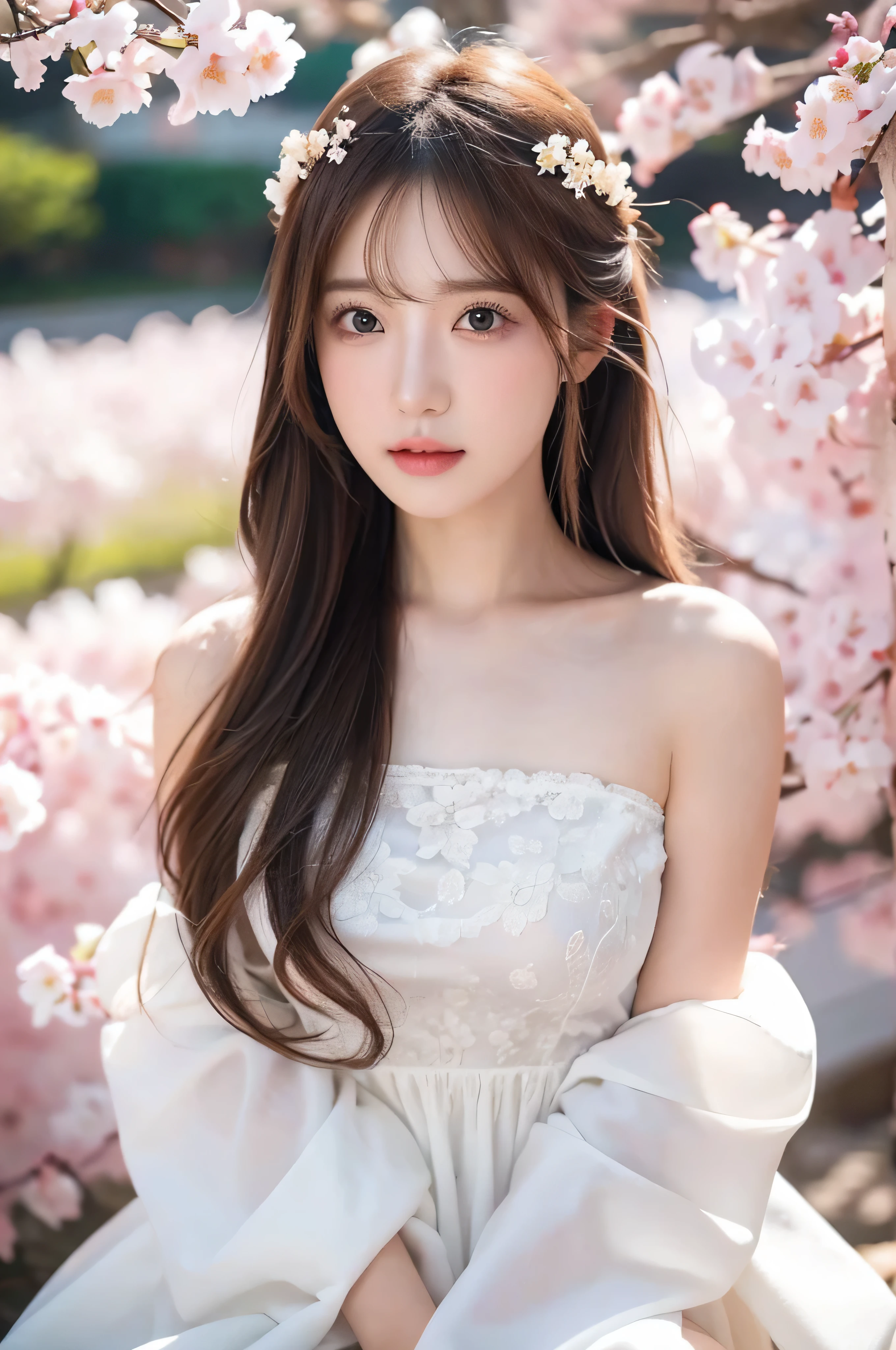 (8k、high resolution、high resolution、Realistic eyes、Detailed details)Soft long hair、Bright Hair Color、Korean Idol、White Dress、18 years old、Natural Makeup、no background、Casual cute hairstyle、Cherry tree