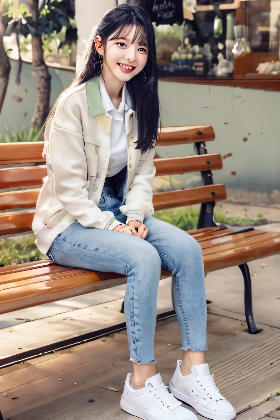 A neat and beautiful woman sitting on a park bench、black hair、hoodie、ear piercing、skinny denim、sneakers、wear socks、smile。、beautiful teeth、full body photo、
